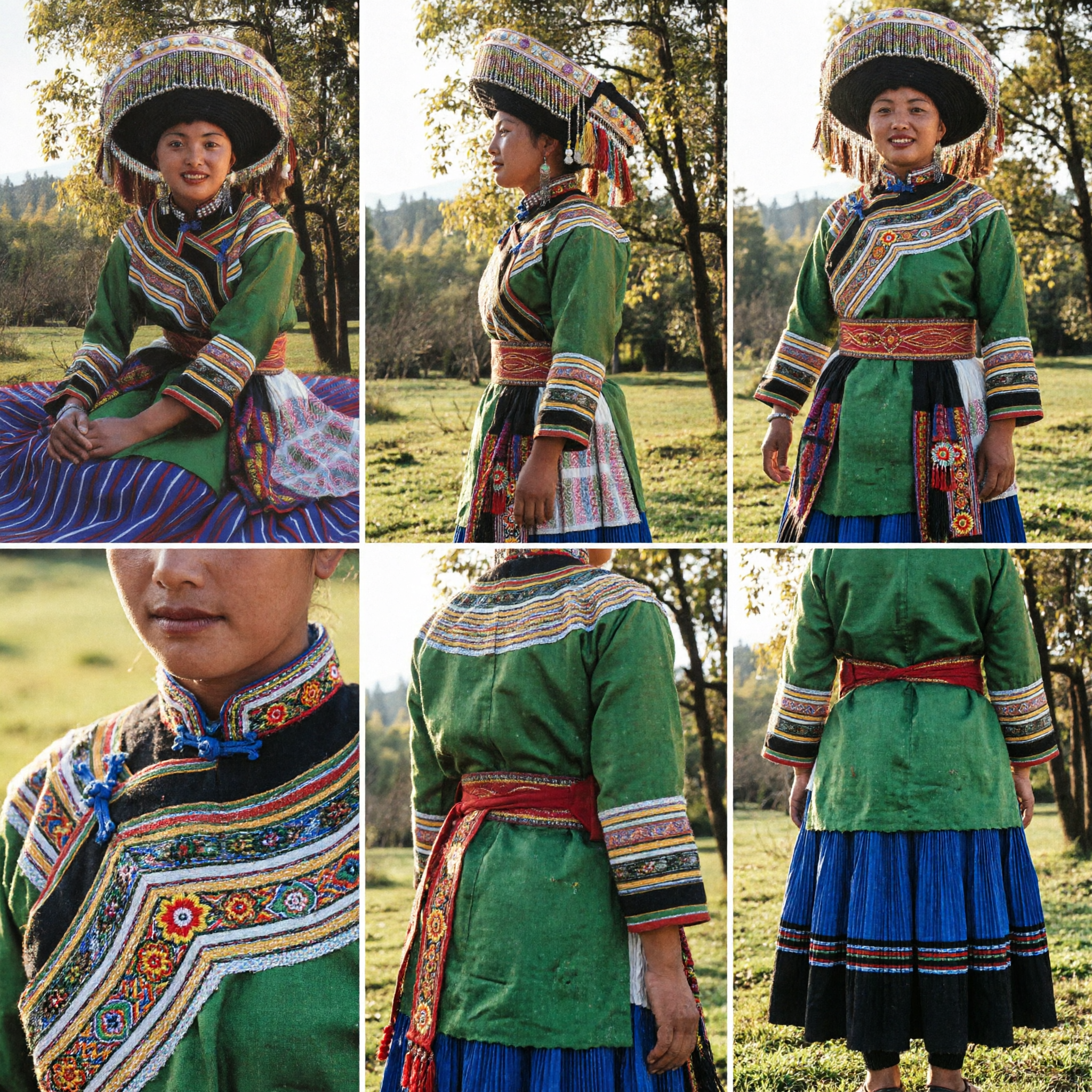 Traditional Chinese Ethnic Minority Costume Green Embroidered Dress and Beaded Hat for Women Folk Dance Performance