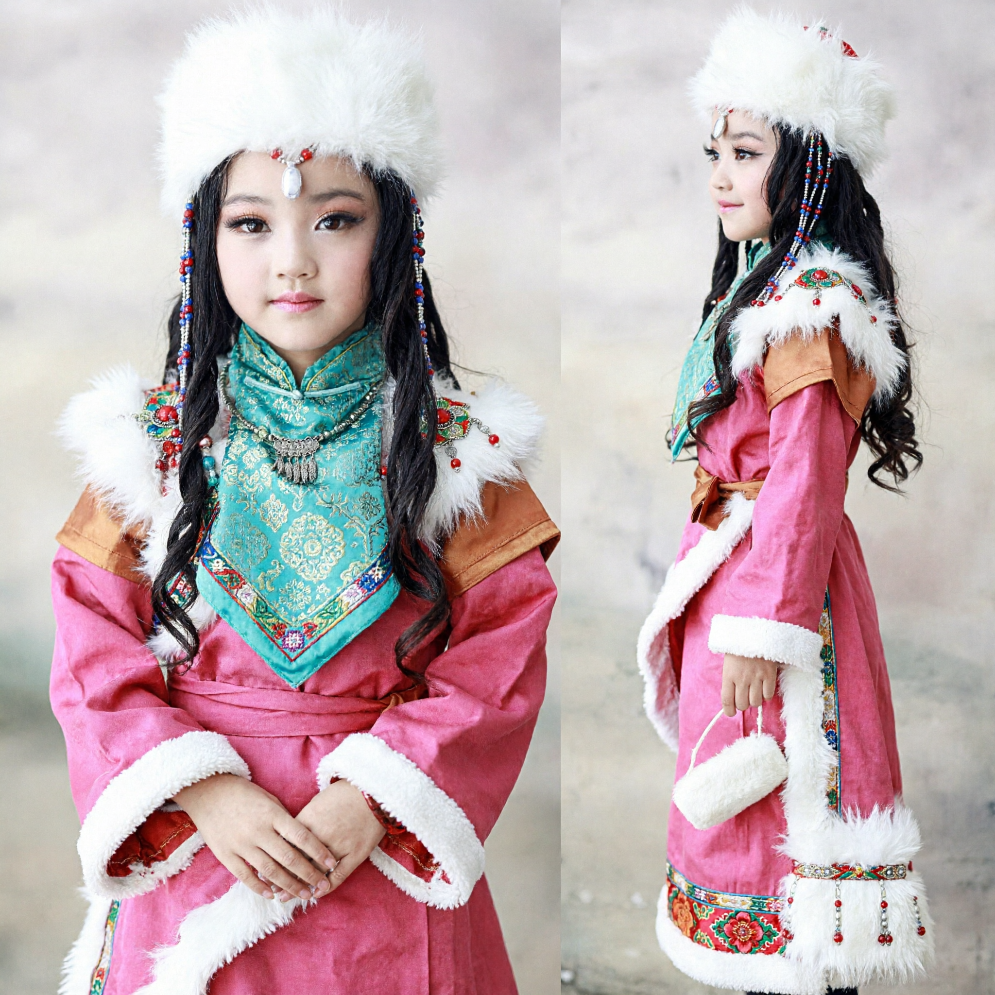 Girls Traditional Mongolian Ethnic Costume Pink Robe with White Fur Hat Folk Dance Performance Outfit