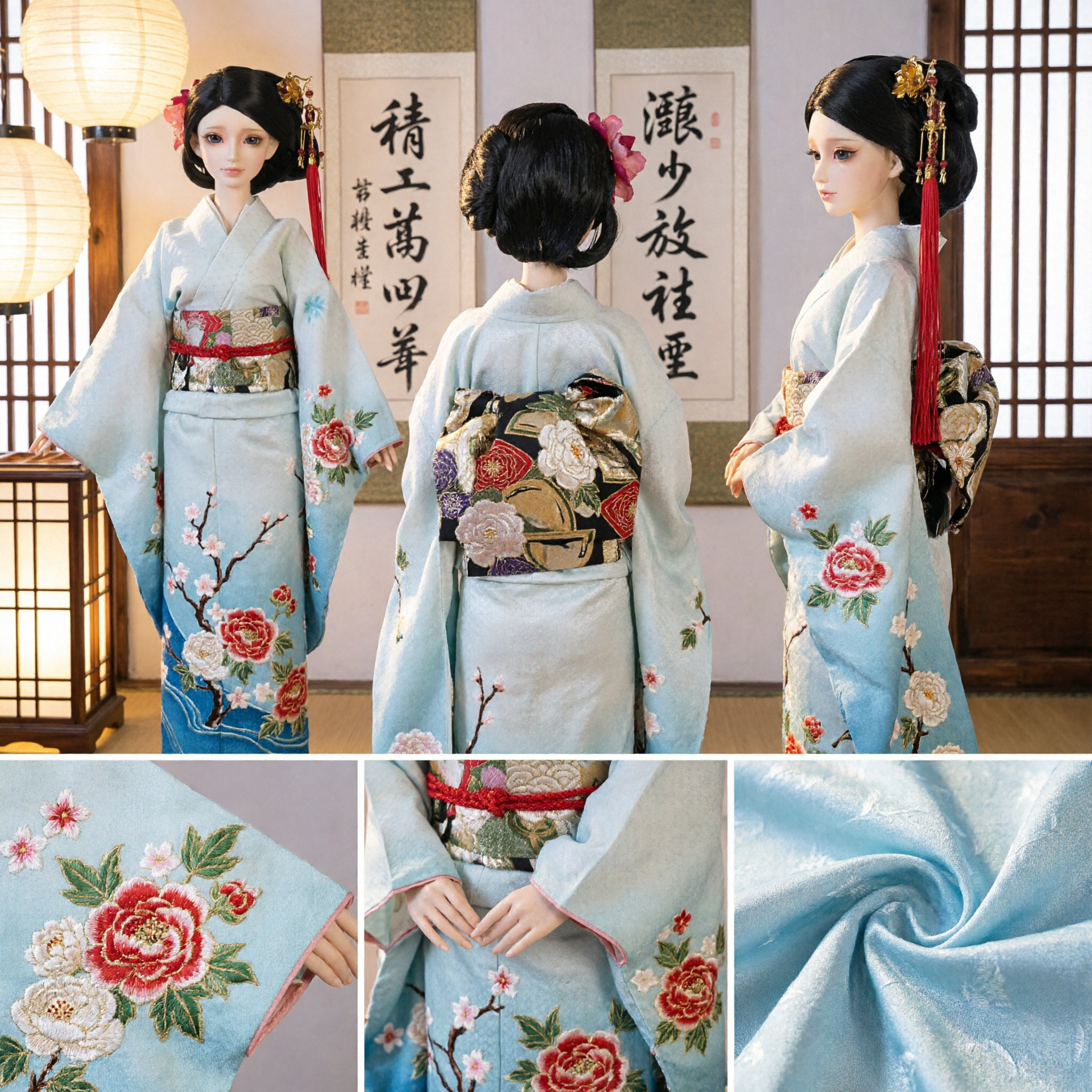 Exquisite Ancient Chinese Hair Ornament with Gold Flowers and Red Tassel for Traditional Hanfu BJD Doll Accessories