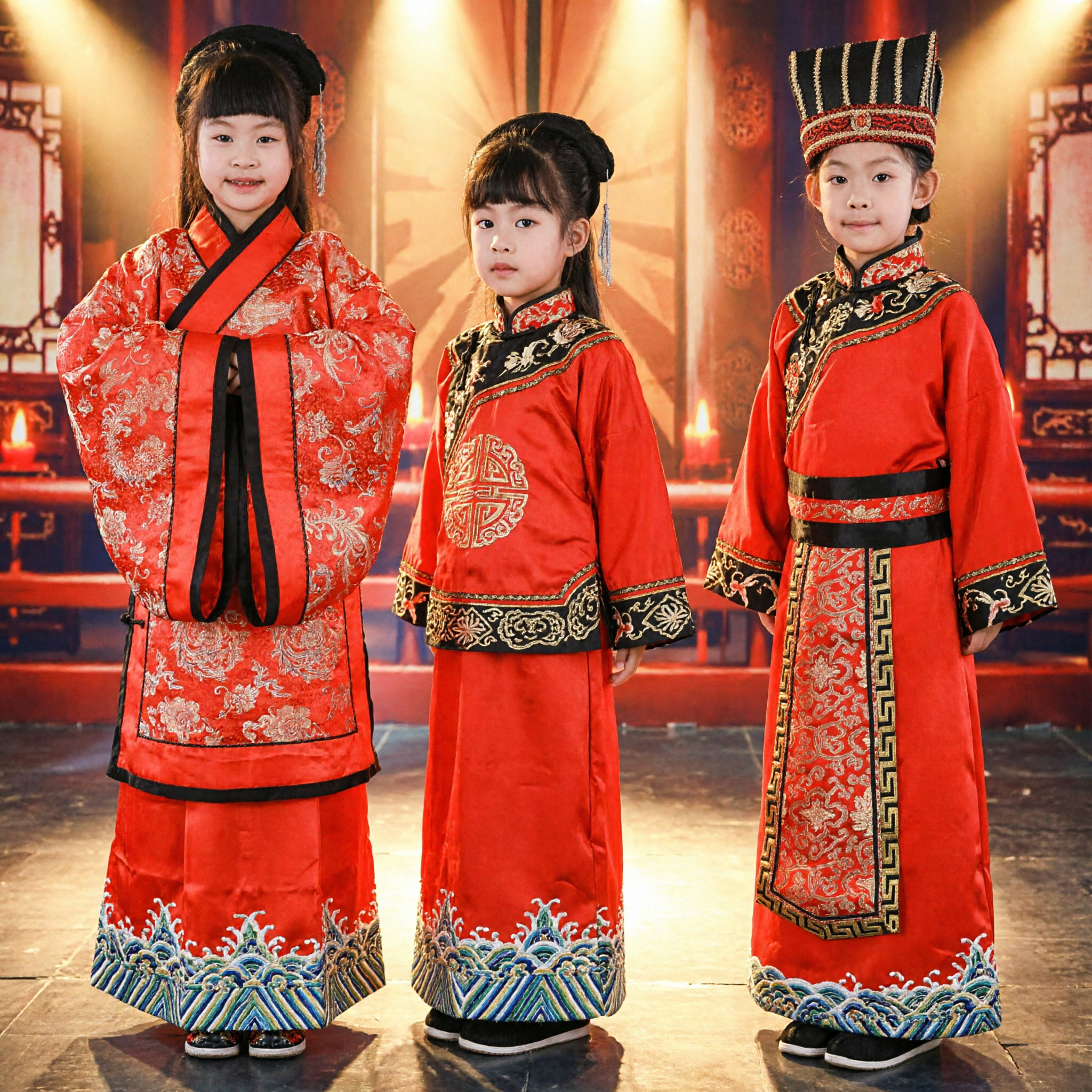 Kids Traditional Chinese Wedding Hanfu Ancient Emperor Empress Costume Red Performance Clothing for Boys and Girls