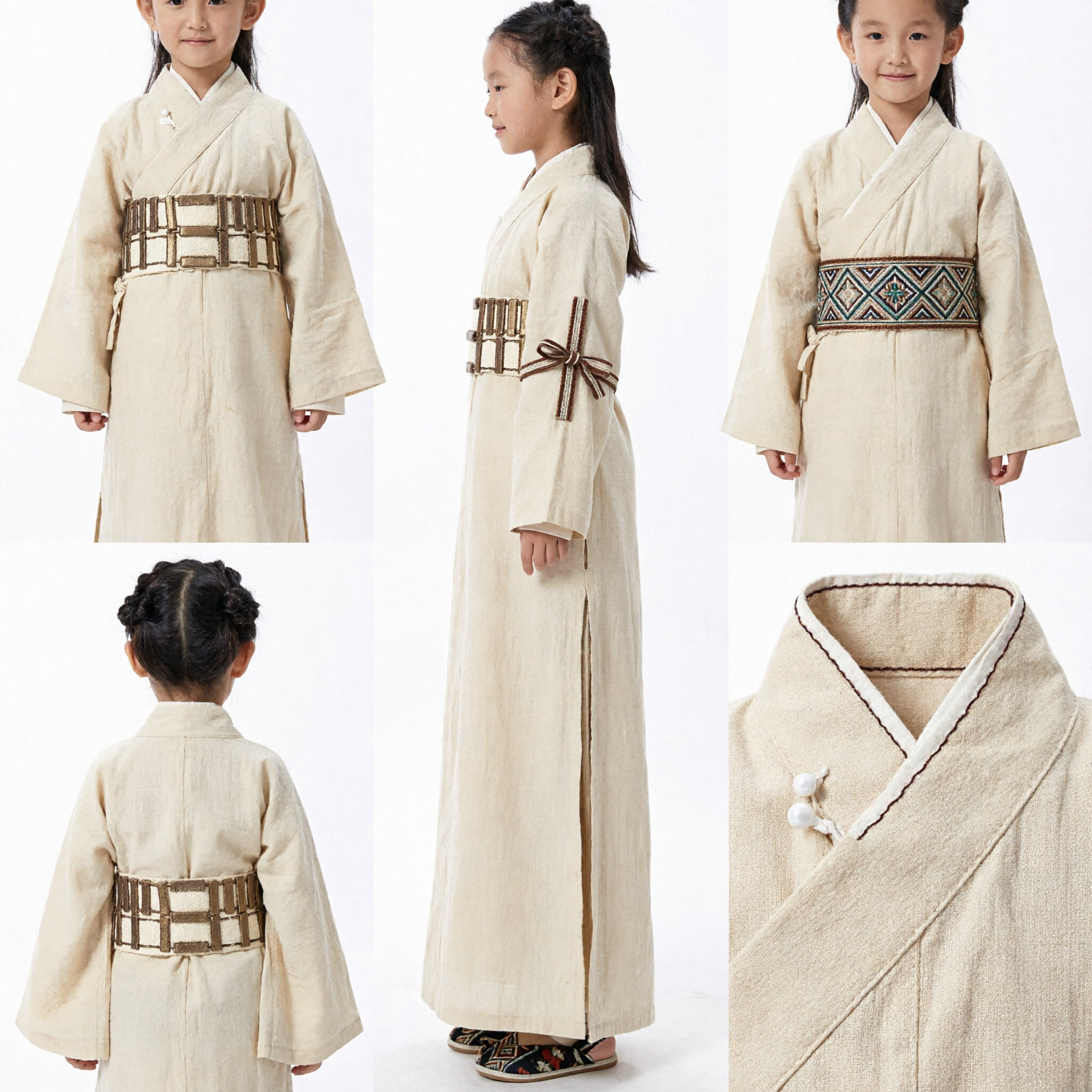 Kids Ancient Chinese Hanfu Costume Cream Robe with Belt Traditional Dress for Girls Wuxia Cosplay