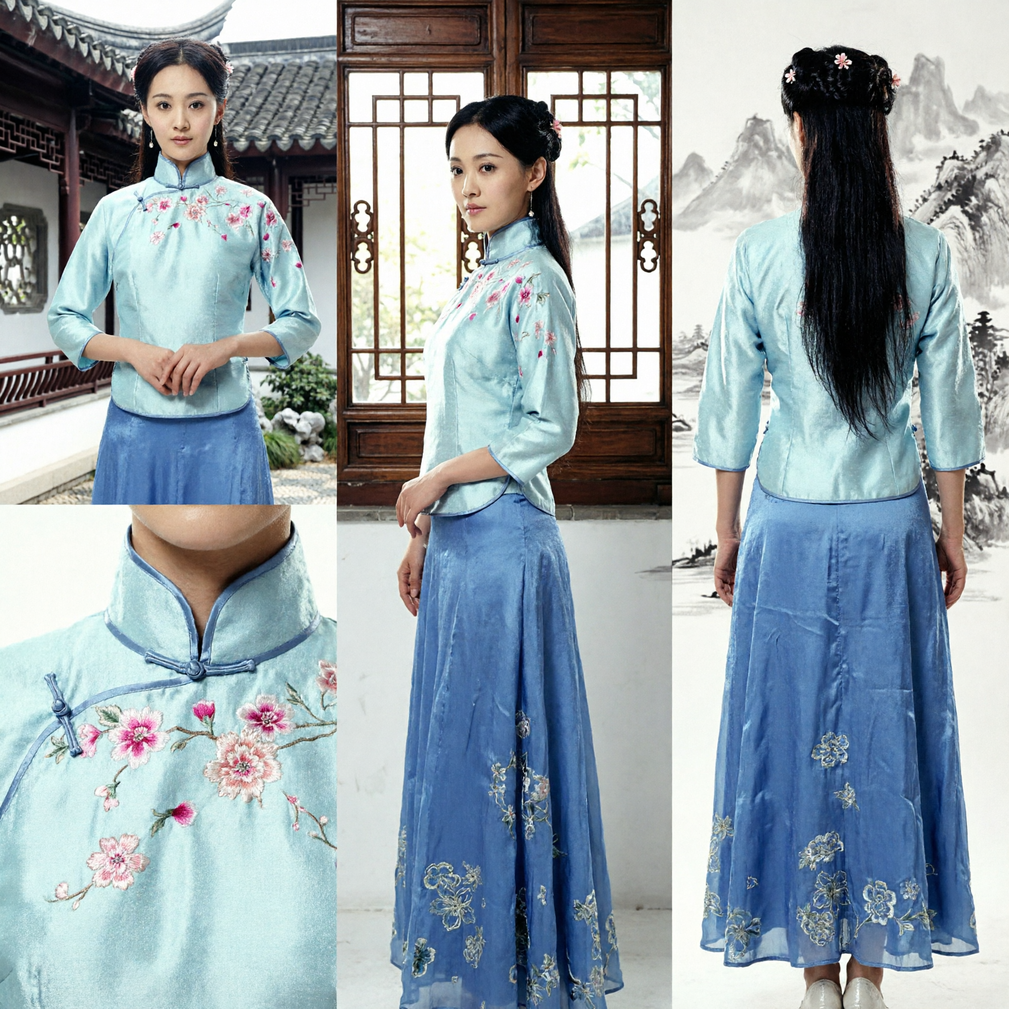 Traditional Chinese Republic of China Style Blue Silk Embroidered Blouse and Skirt Set for Women Cultural Performance
