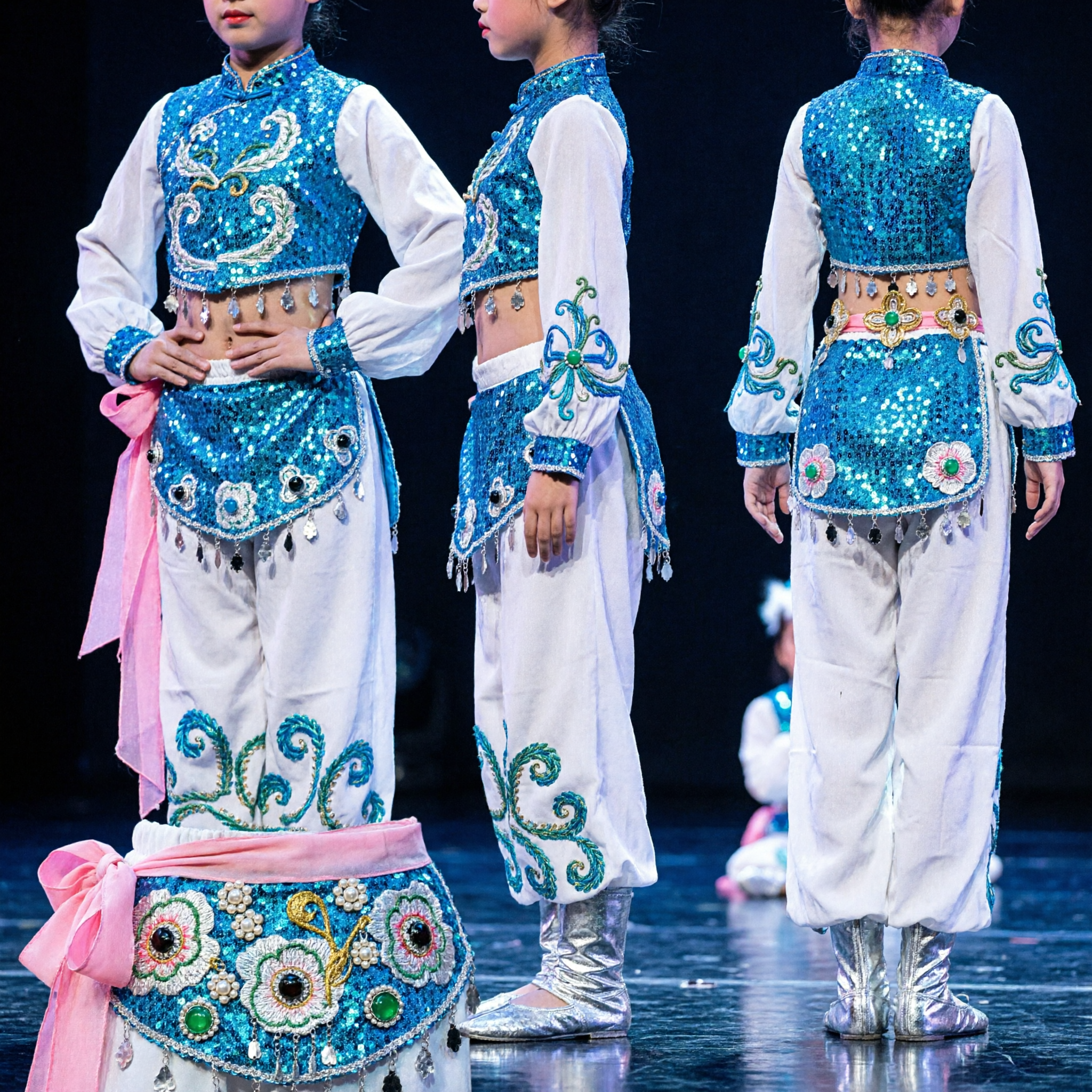 Chinese Mongolian Dance Costume for Girls Kids Blue Sequin Stage Performance Outfit with Headpiece
