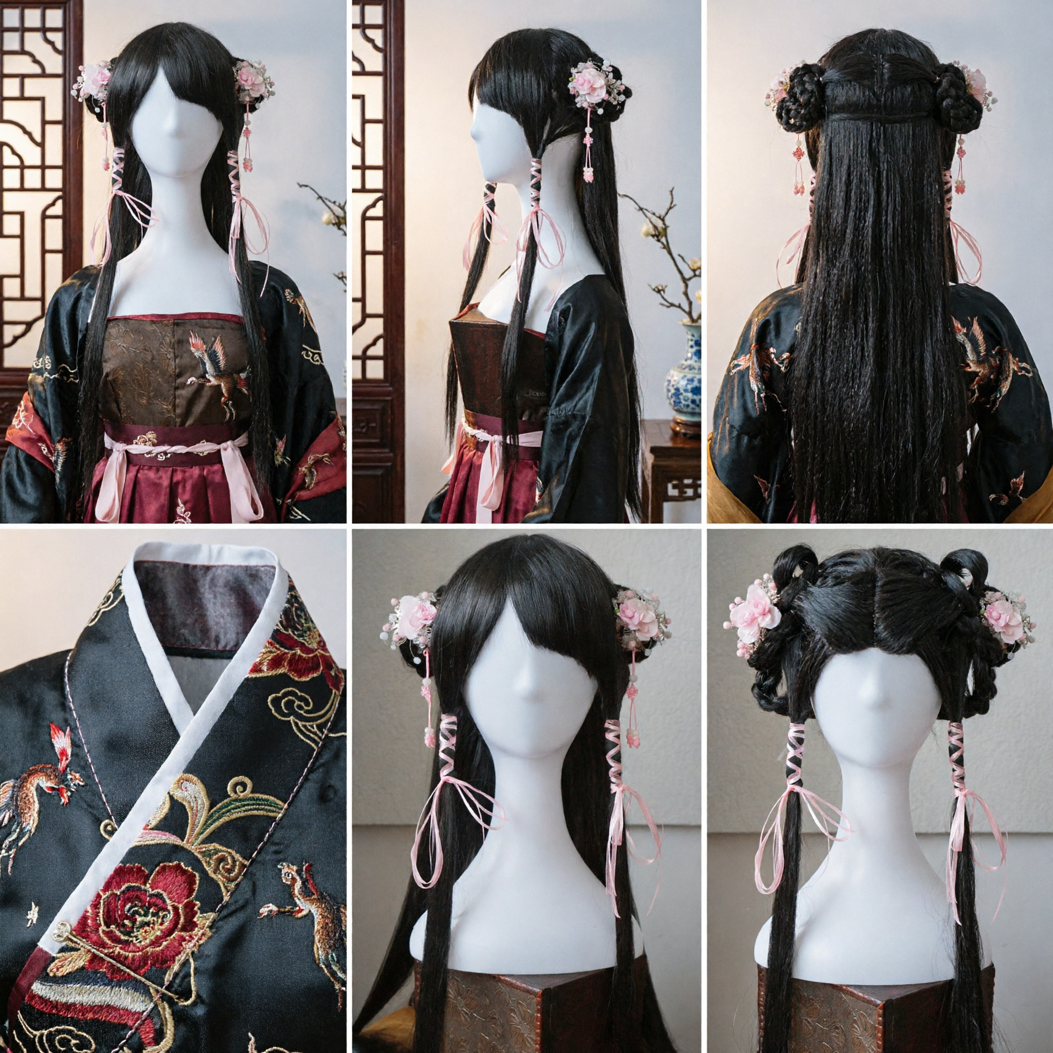 Long Black Ancient Chinese Wig Hanfu Hairpiece with Pink Floral Hairpins for Traditional Costume Cosplay