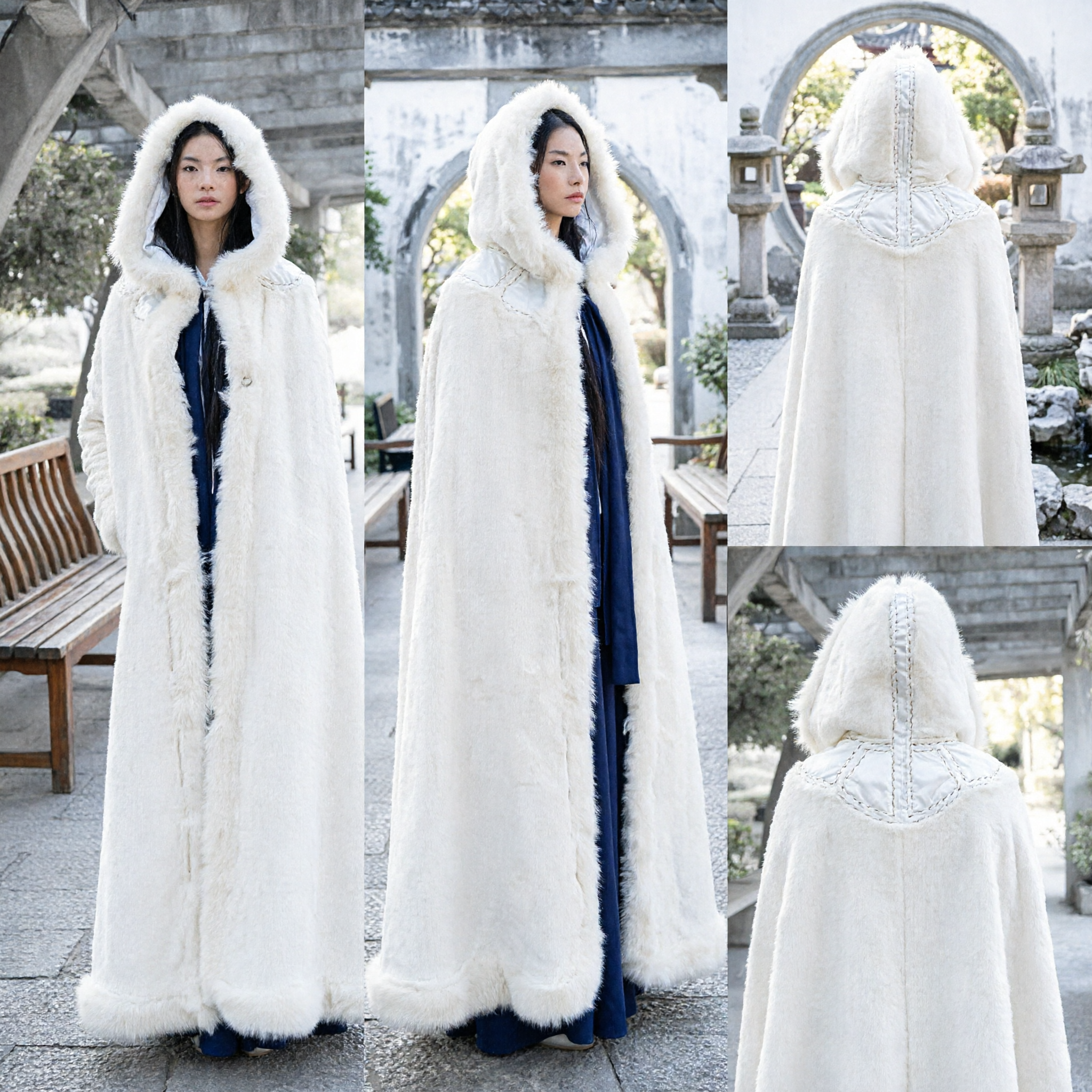 Women's White Fur Hooded Cloak Cape Traditional Chinese Hanfu Winter Costume Cosplay Accessory