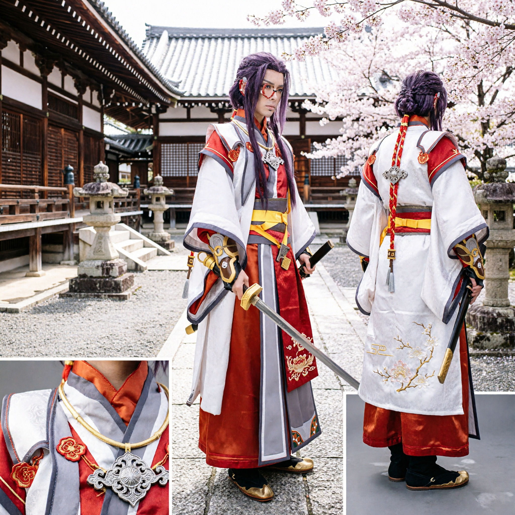 Traditional Chinese Wuxia Swordsman Cosplay Costume Red and White Ancient Hanfu Robes for Men Complete Set