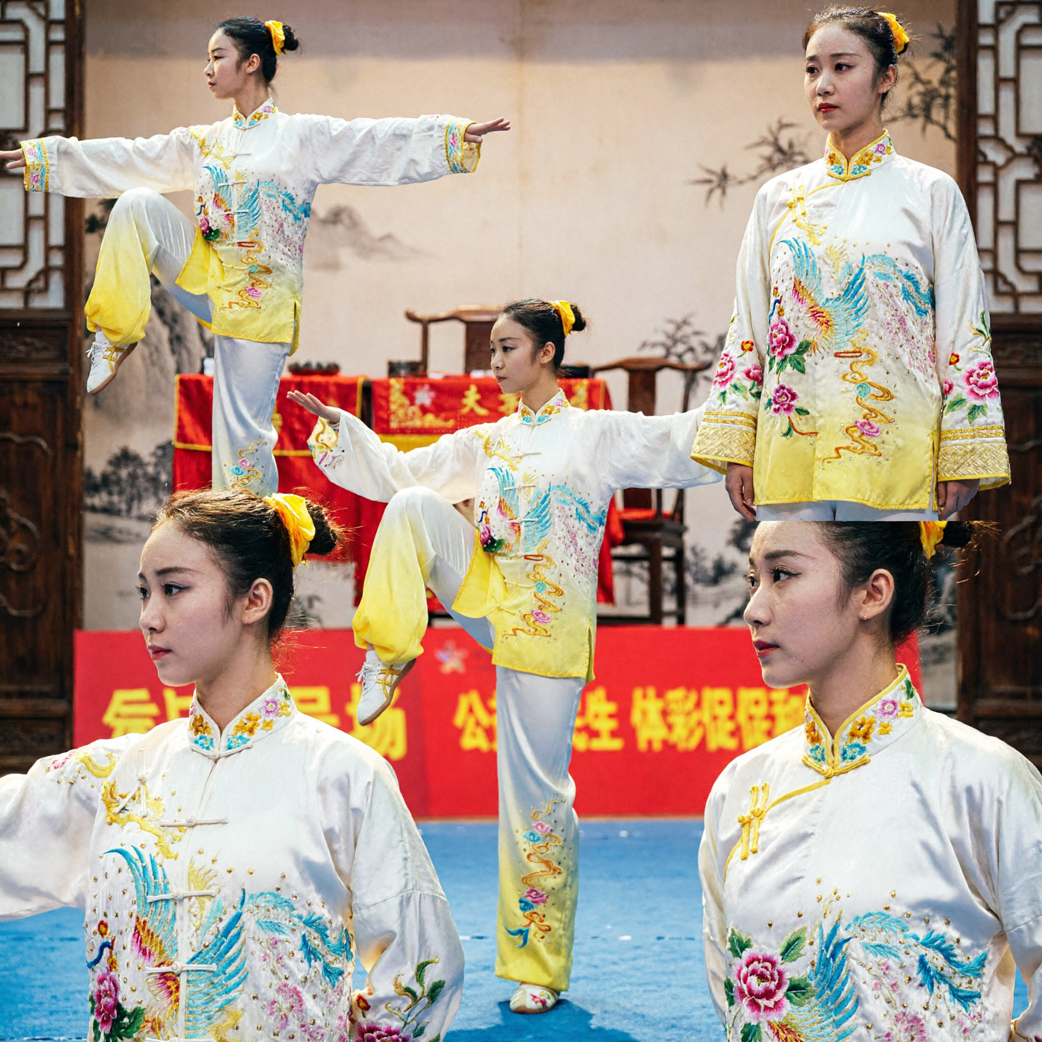 Women's Traditional Chinese Wushu Uniform White and Yellow Tai Chi Kung Fu Suit with Phoenix Embroidery for Competition