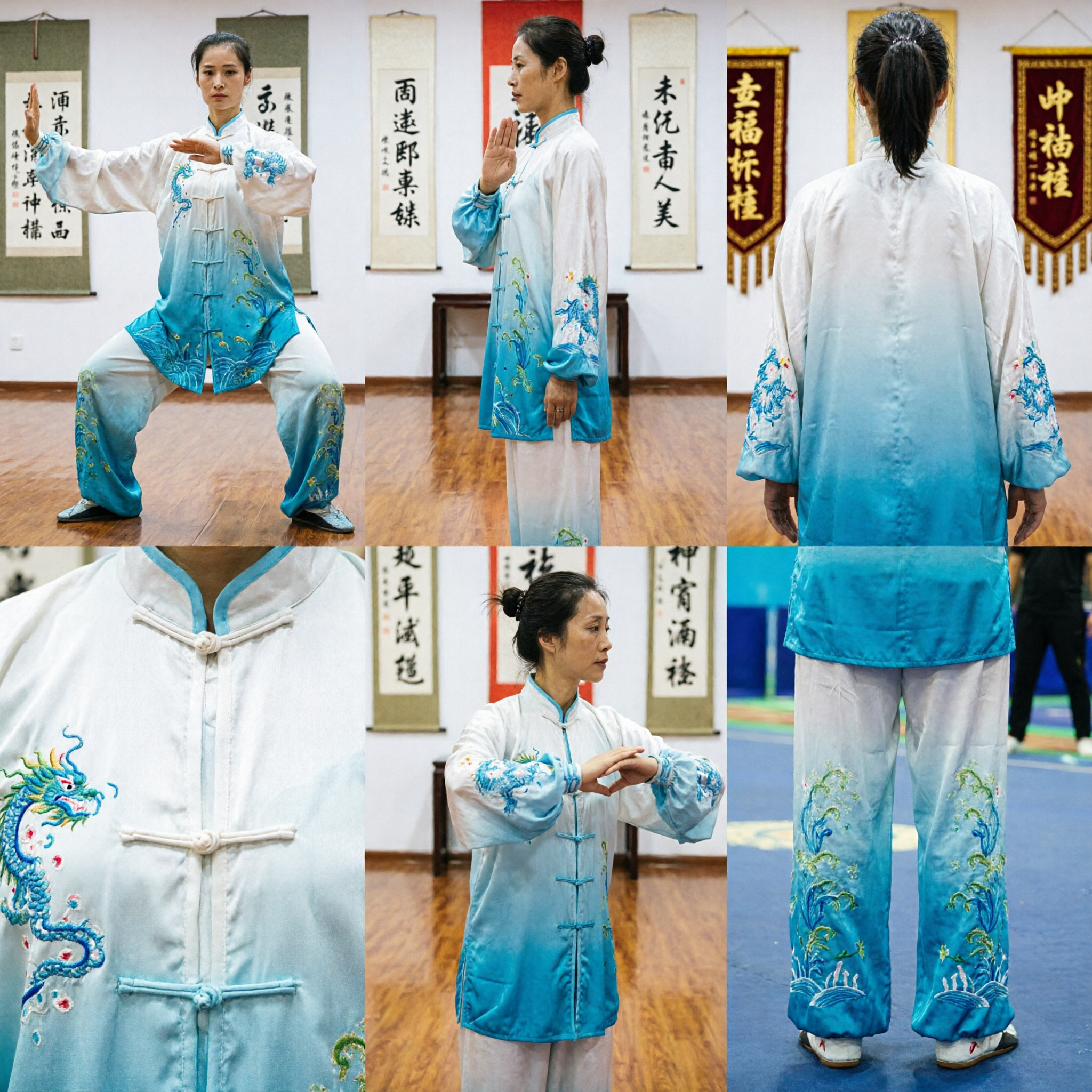 Women's Traditional Tai Chi Kung Fu Uniform Silk Wushu Competition Suit with Dragon Embroidery