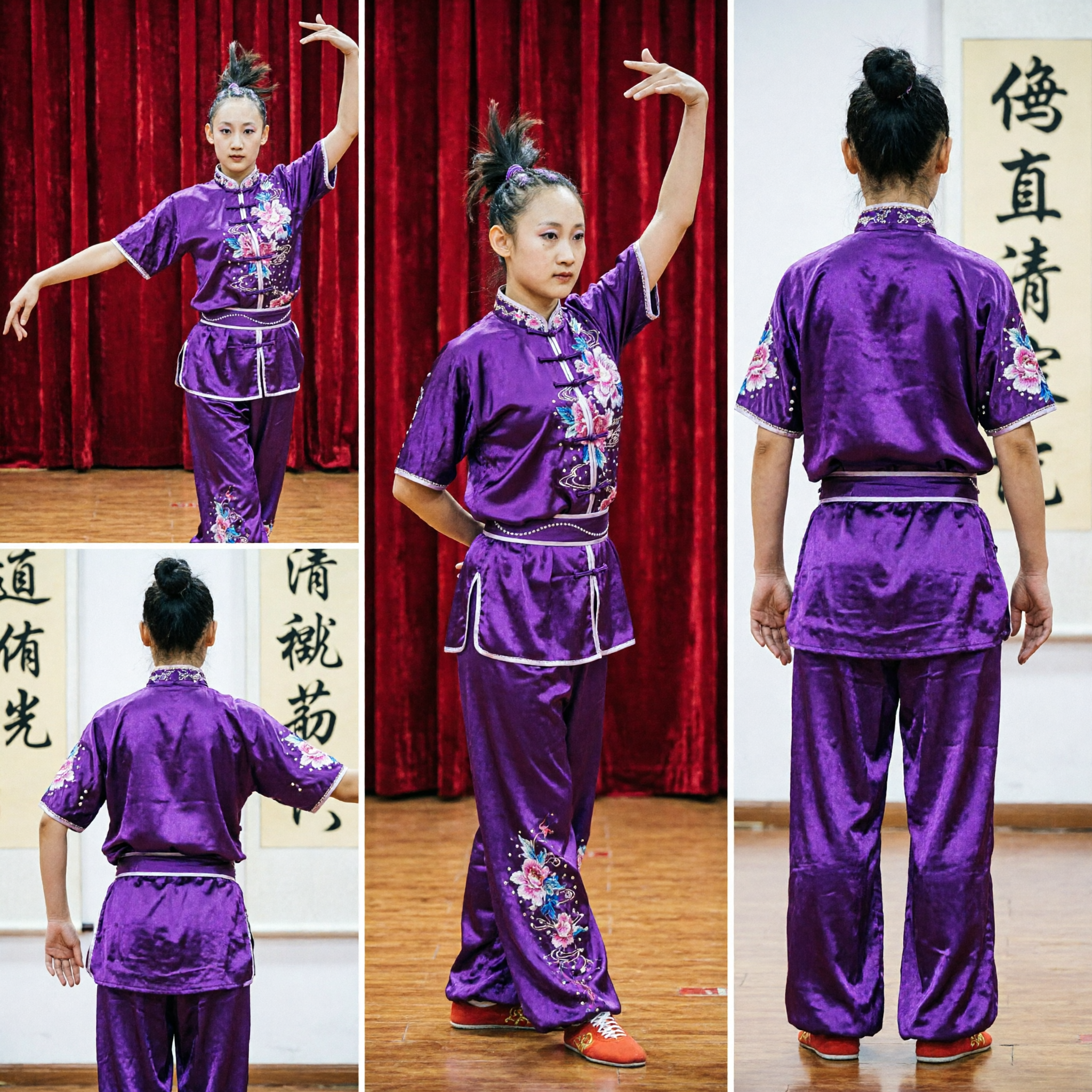 Professional Purple Wushu Uniform for Girls Kids Kung Fu Costume Tai Chi Competition Suit with Floral Embroidery