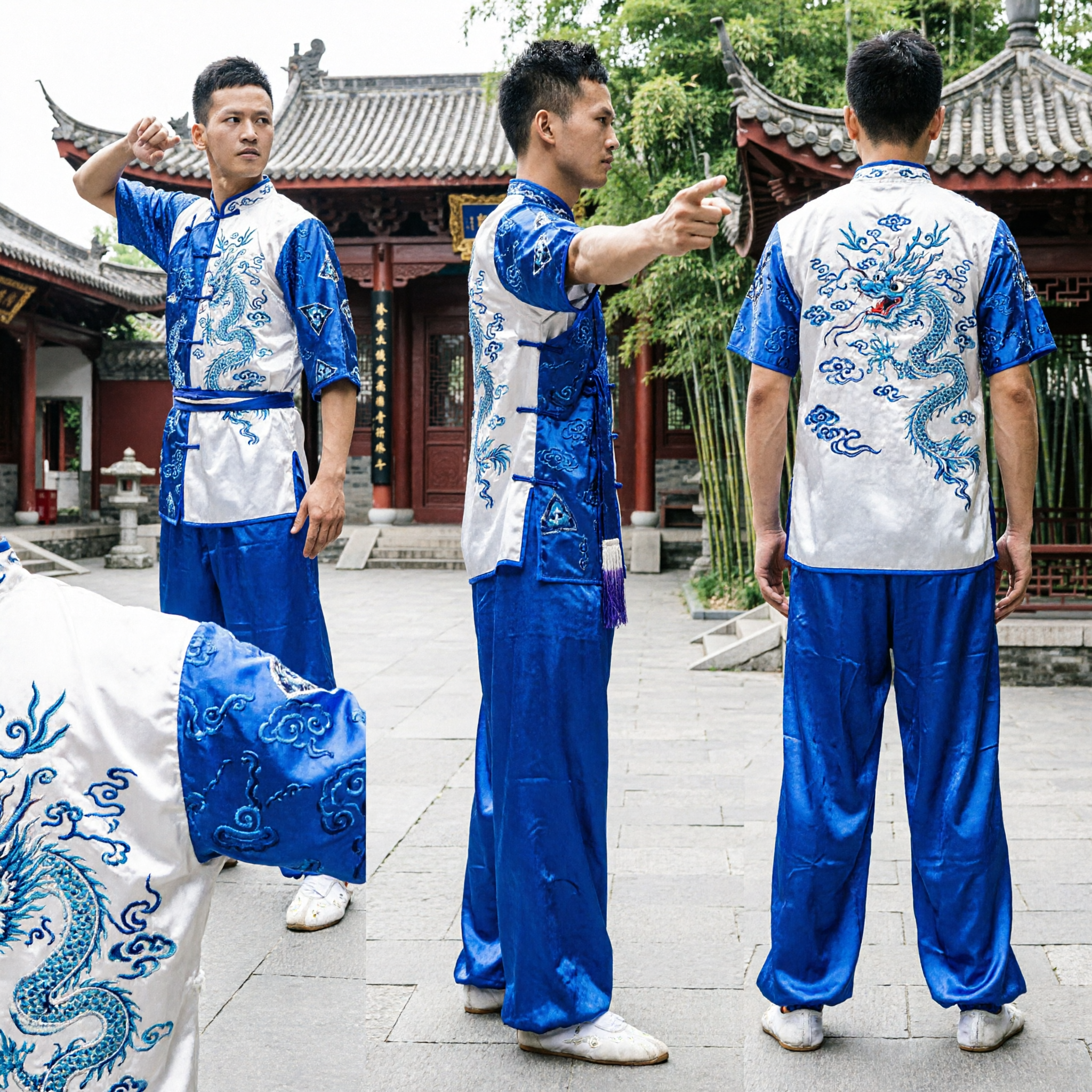 Men's Blue Traditional Wushu Uniform Chinese Kung Fu Competition Suit Martial Arts Performance Costume