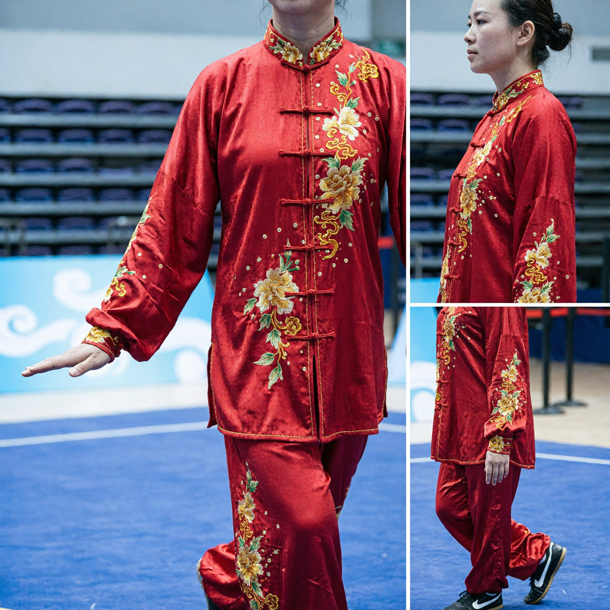 Red Satin Chinese Wushu Uniform Women Martial Arts Tai Chi Kung Fu Suit Dragon Embroidery Performance Costume