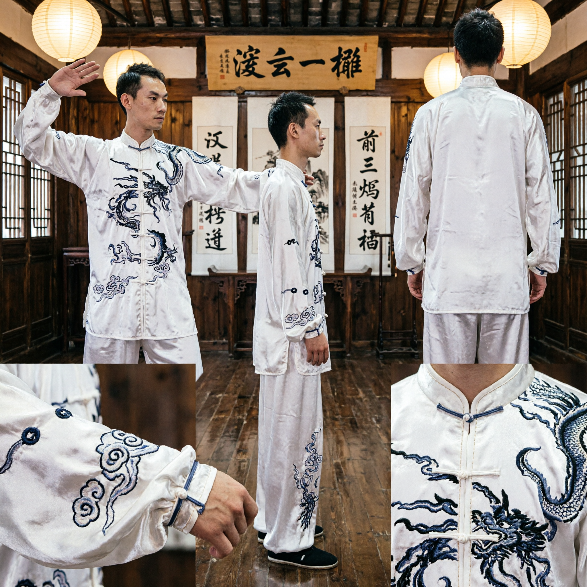 Men's White Tai Chi Uniform with Dragon Embroidery Traditional Kung Fu Wushu Martial Arts Costume for Competition