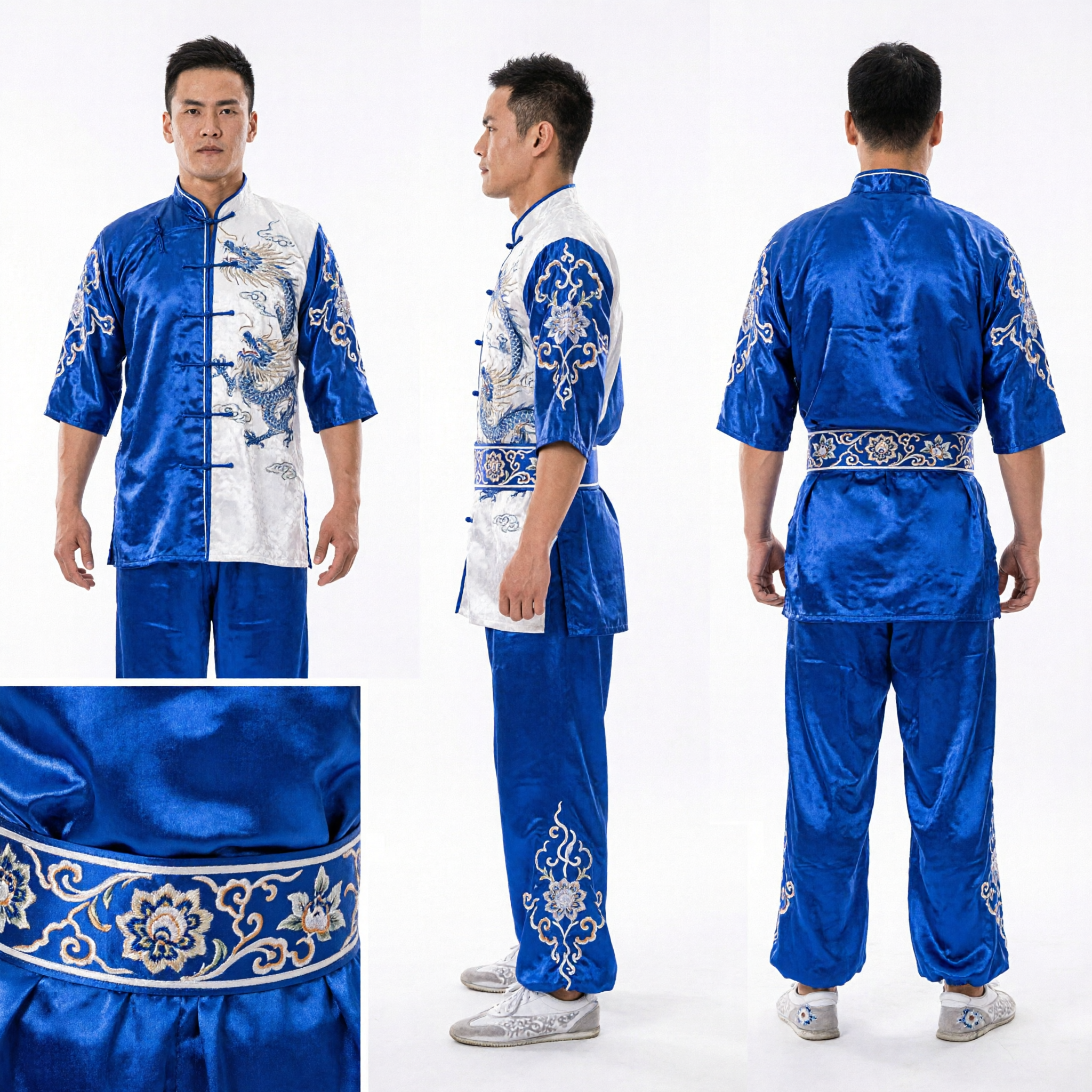 Men's Blue Embroidered Wushu Kung Fu Uniform Traditional Chinese Martial Arts Performance Costume Set