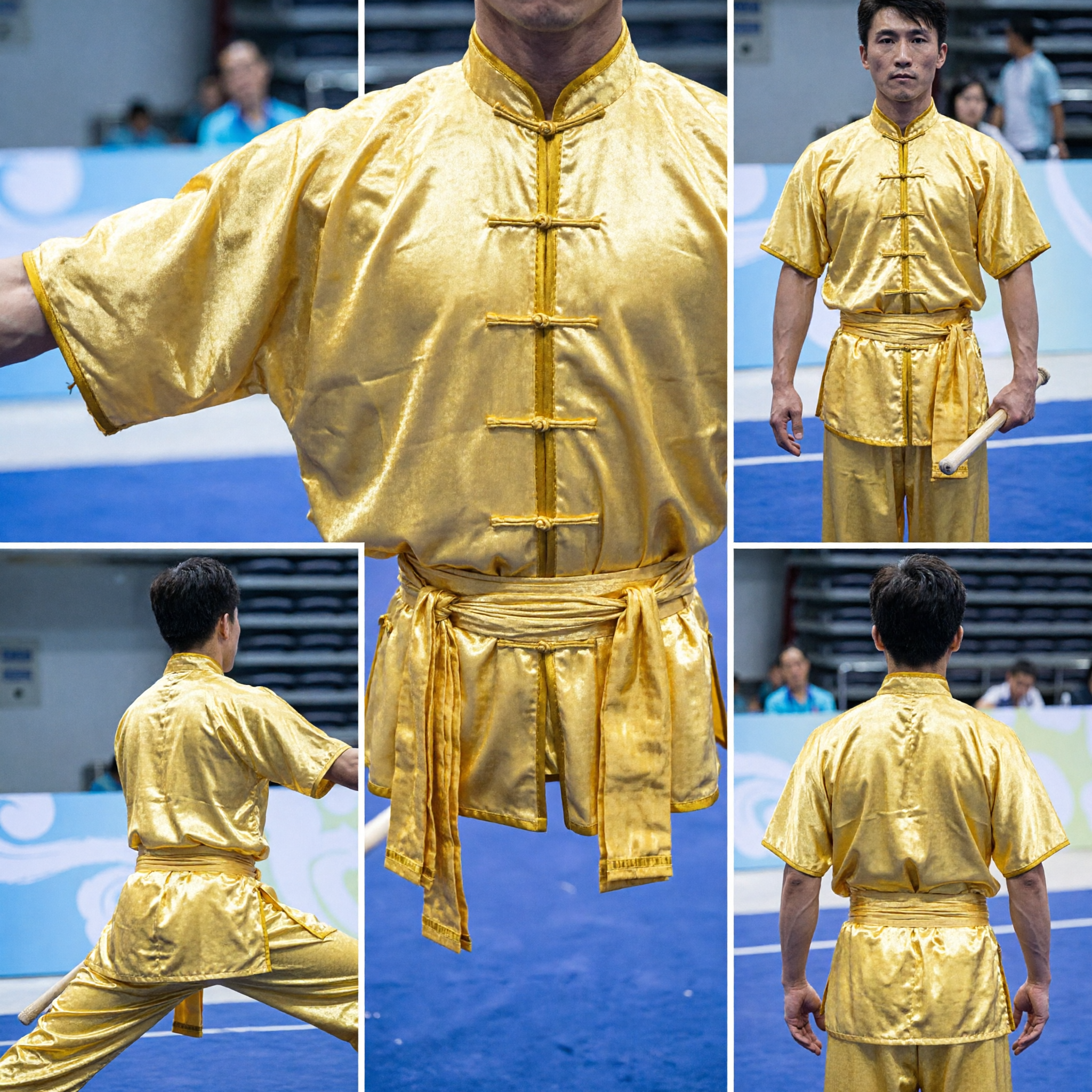 Men's Gold Silk Wushu Uniform Kung Fu Suit Traditional Chinese Martial Arts Competition Costume