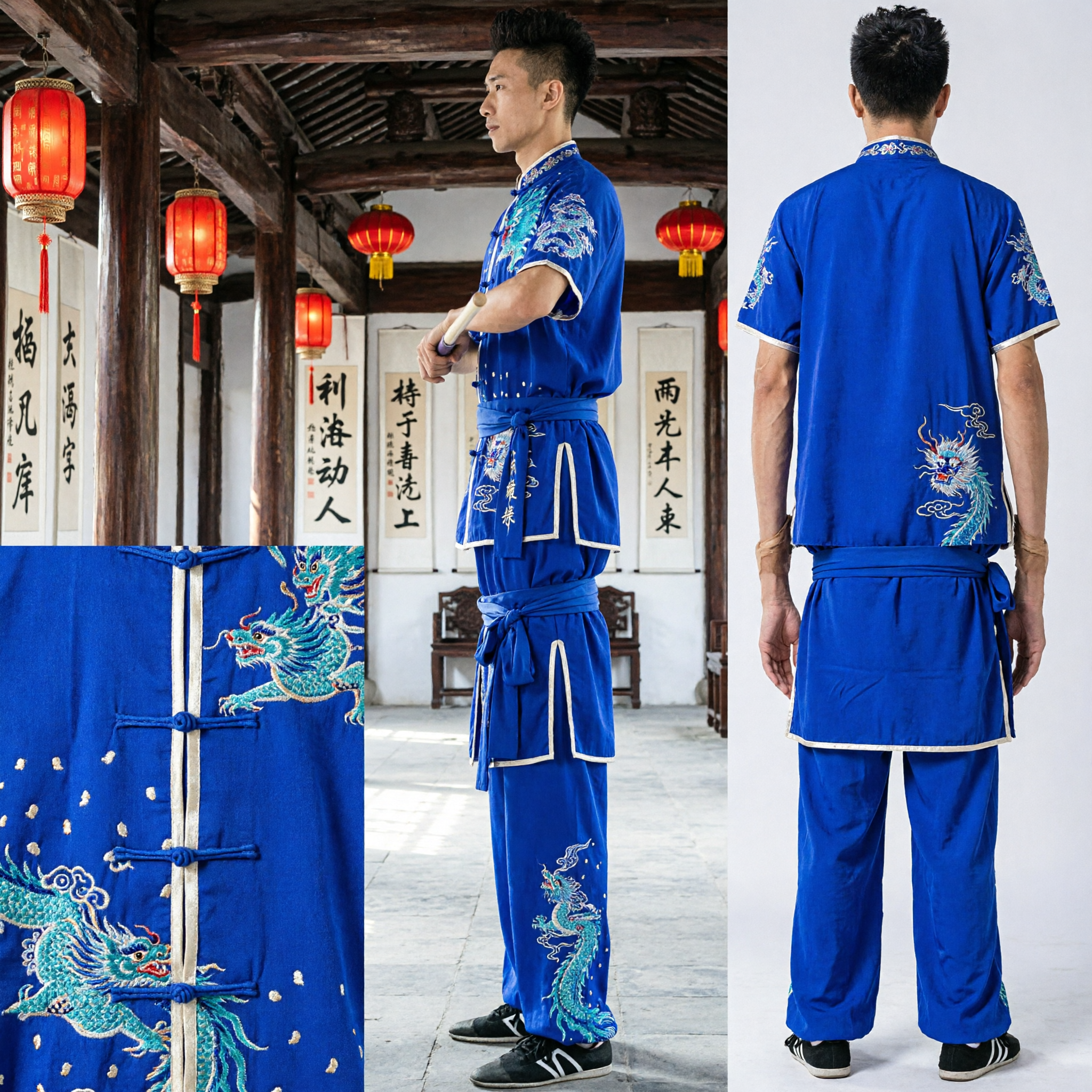 Men's Blue Silk Wushu Uniform Embroidered Changquan Kung Fu Suit for Martial Arts Competition Performance