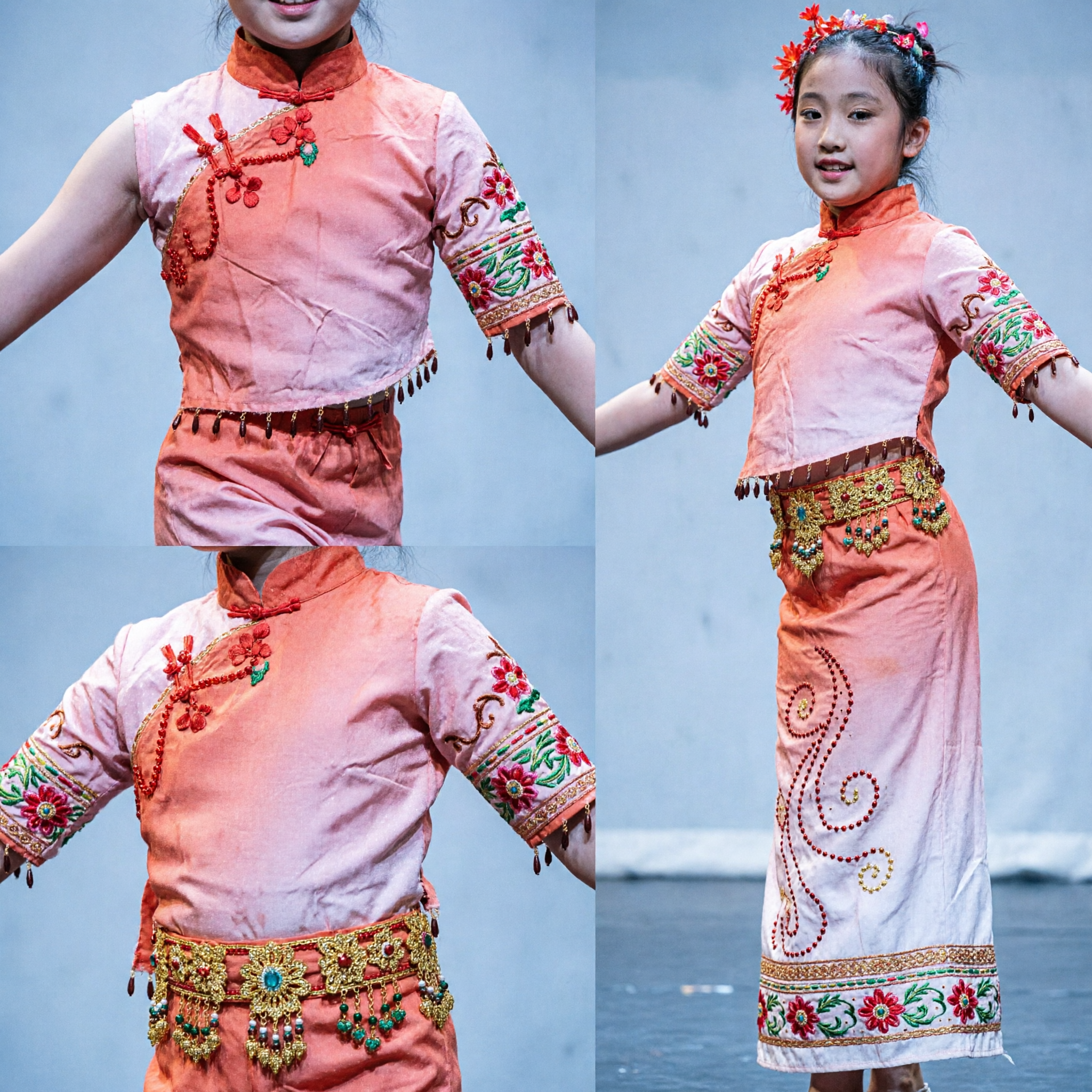 Girls Pink Chinese Traditional Dance Costume Kids Folk Yangge Fan Dance Stage Performance Outfit with Headpiece