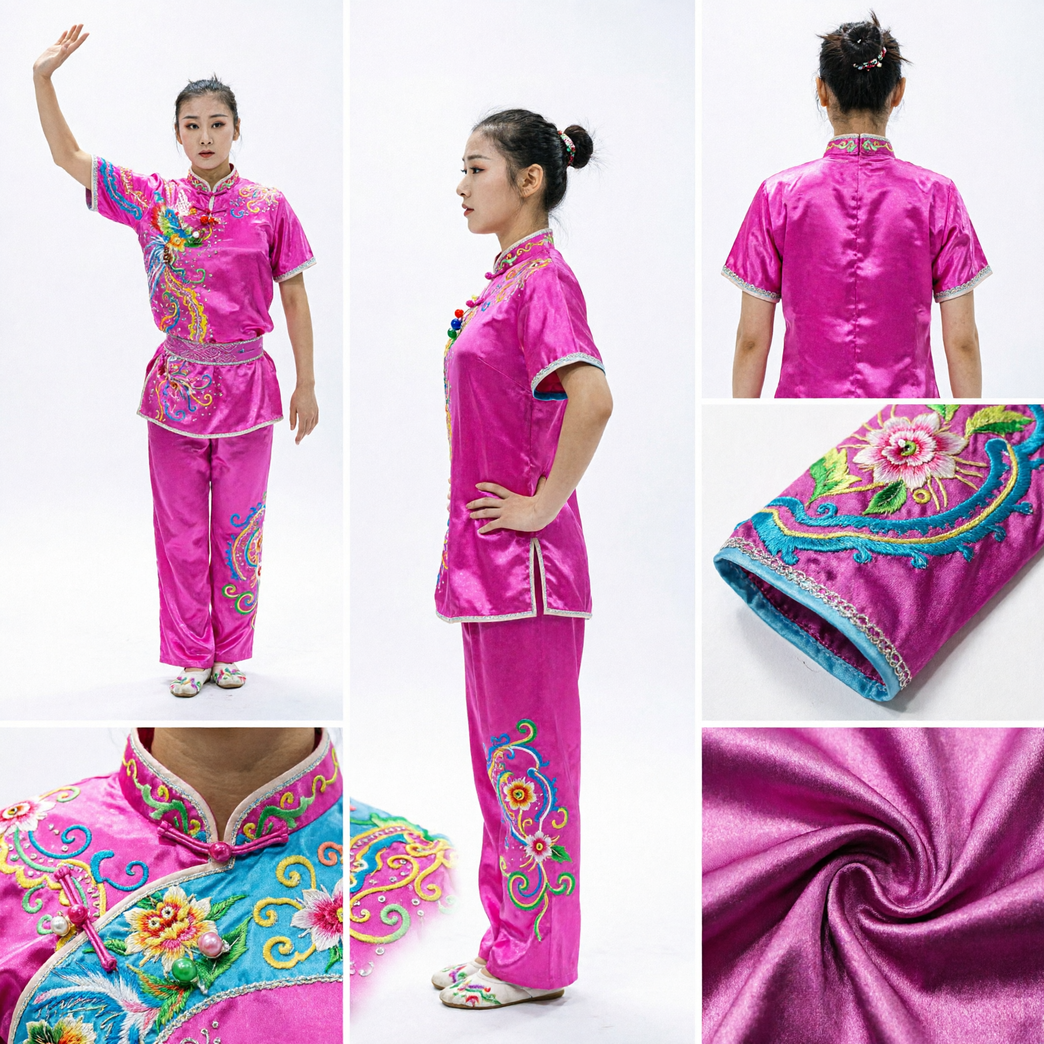 Women's Pink Satin Wushu Uniform Traditional Chinese Kung Fu Competition Suit with Dragon Embroidery