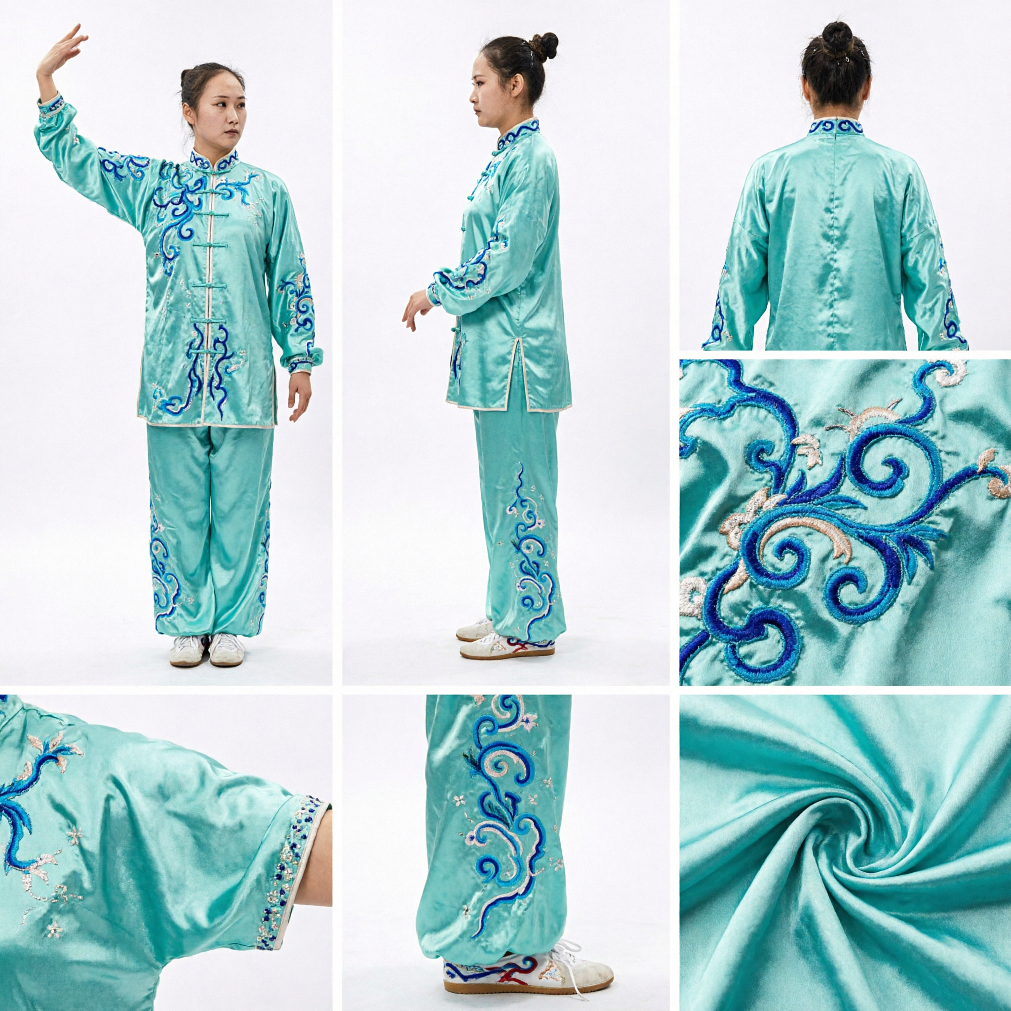 Professional Women's Teal Wushu Changquan Uniform Set with Intricate Embroidery for Martial Arts Competition and Training