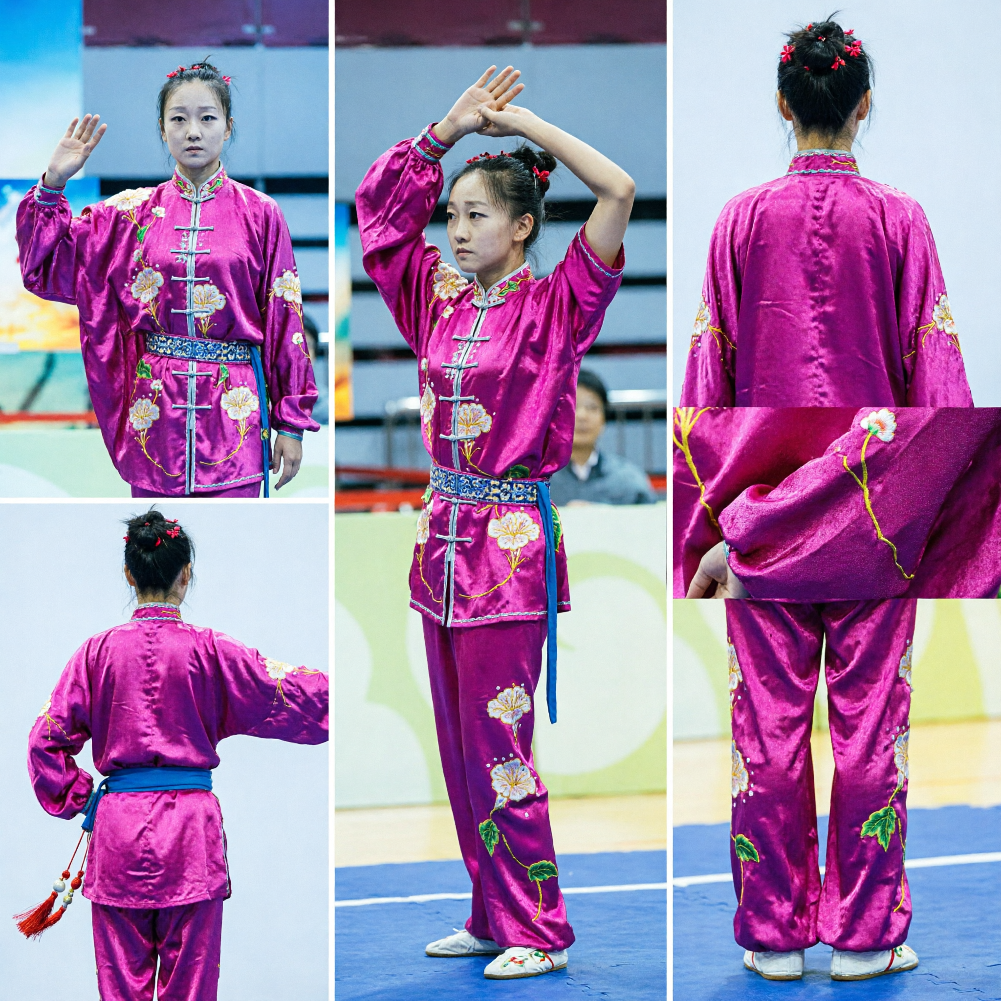 Girls Purple Embroidered Wushu Kung Fu Uniform Traditional Silk Tai Chi Costume for Martial Arts Competition