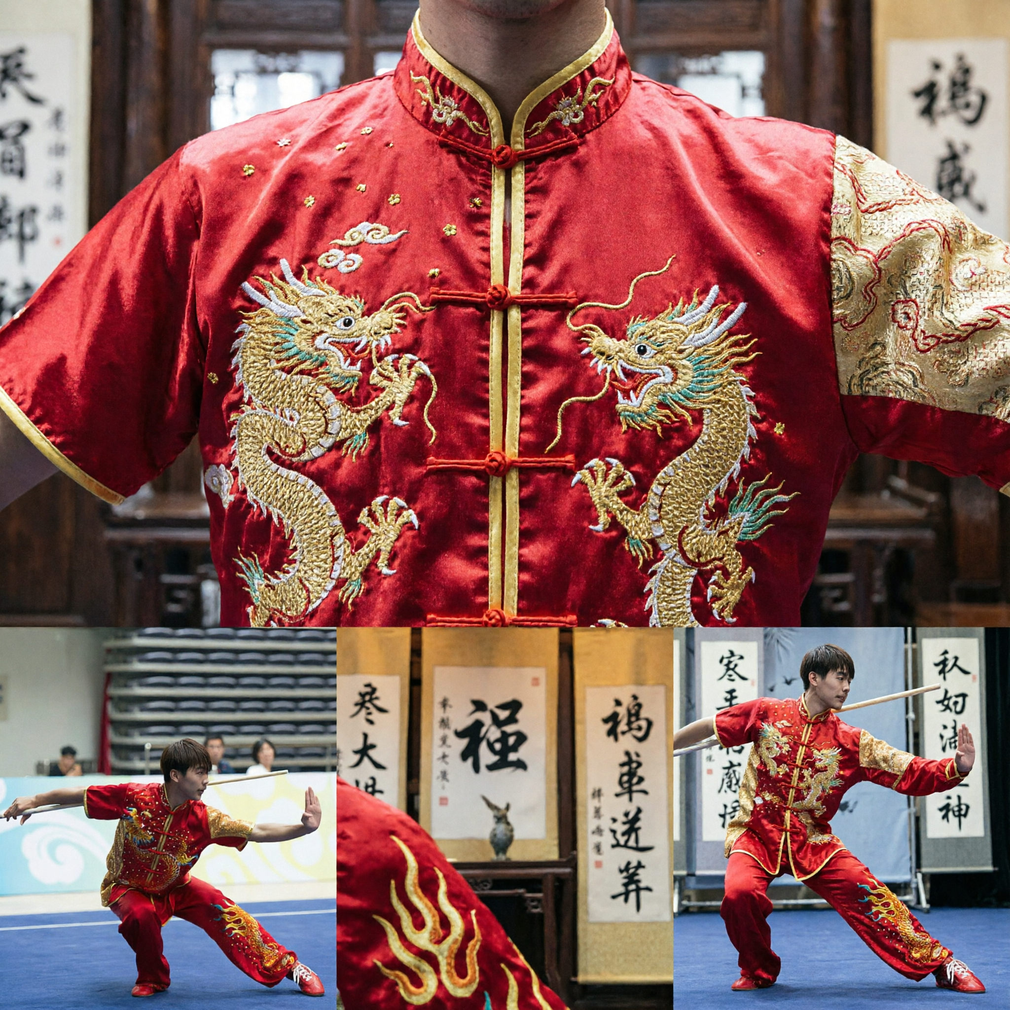 Men's Red Traditional Wushu Kung Fu Uniform with Dragon Embroidery Martial Arts Costume for Competition Performance
