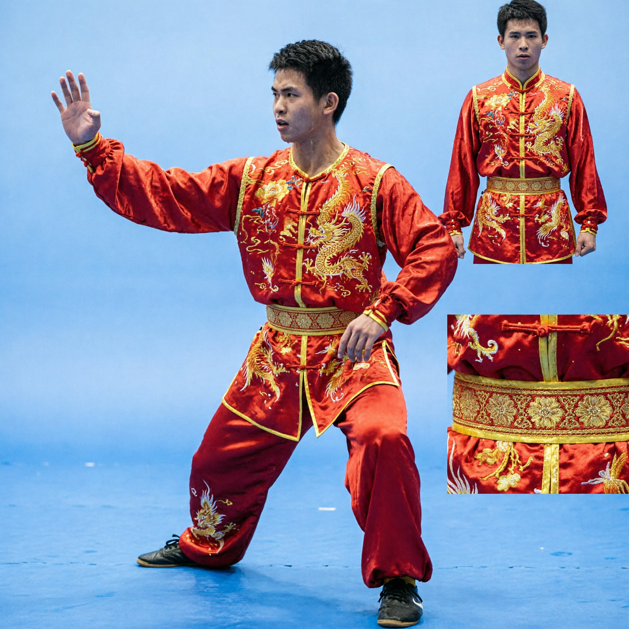 Premium Men's Red Gold Sleeveless Kung Fu Uniform Traditional Wushu Martial Arts Costume for Competition Performance
