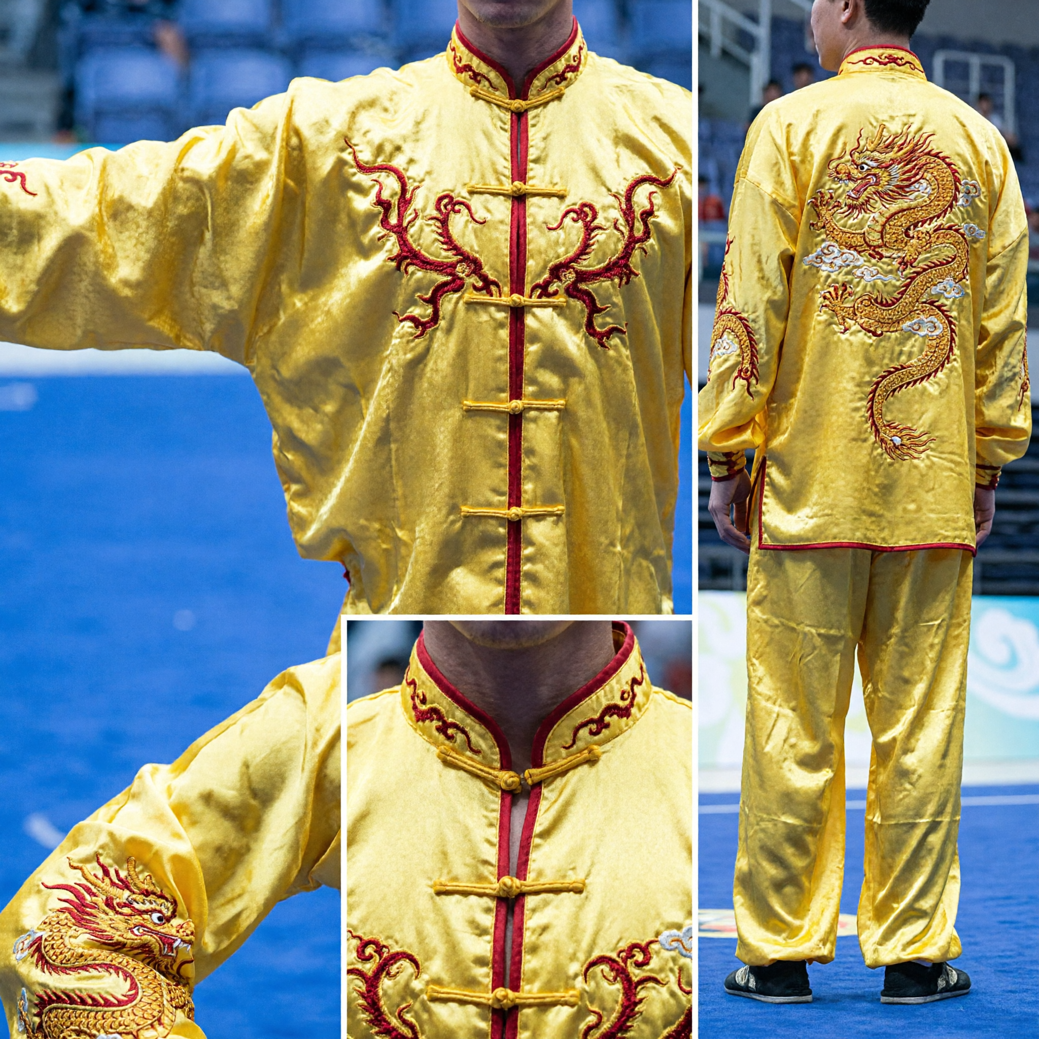 Men's Yellow Dragon Embroidery Wushu Uniform Traditional Kung Fu Martial Arts Competition Performance Suit
