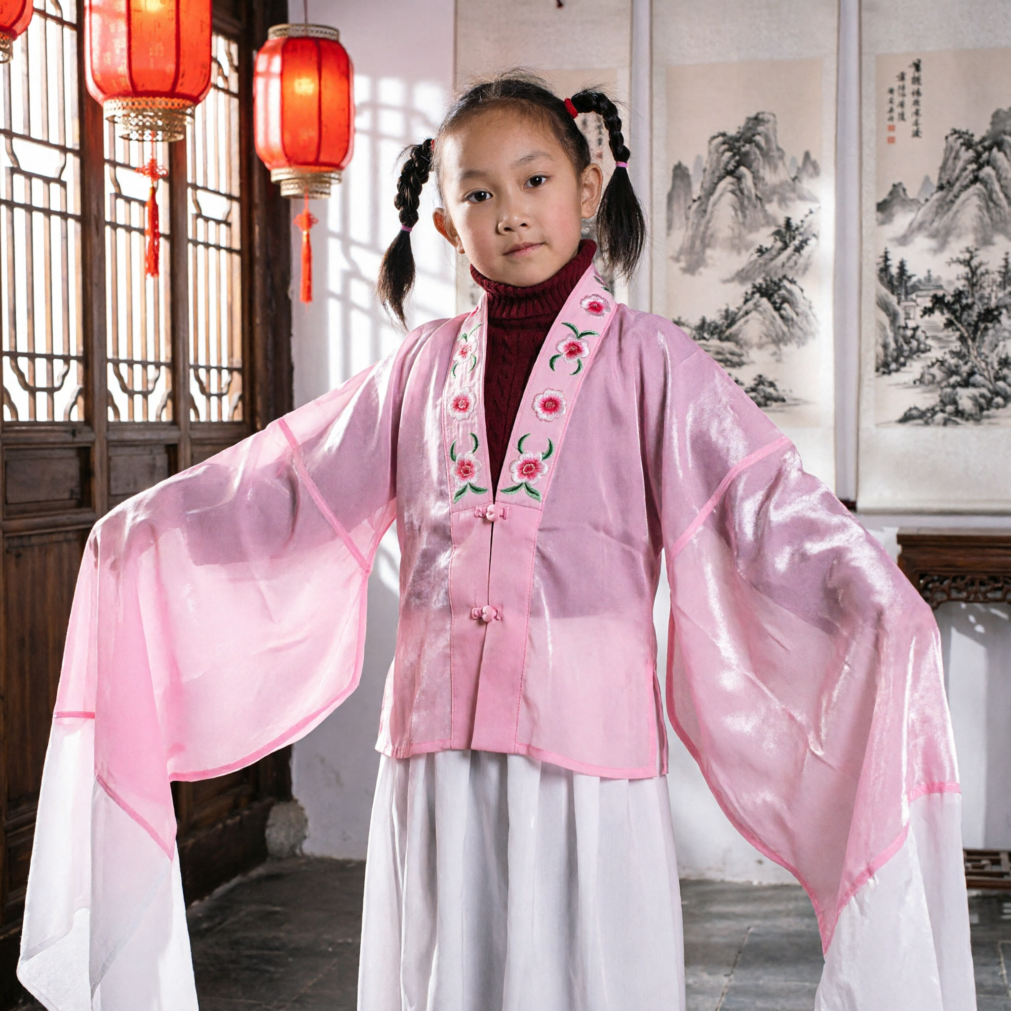 Kids Chinese Traditional Water Sleeve Costume Pink Peking Opera Dance Performance Outfit for Girls