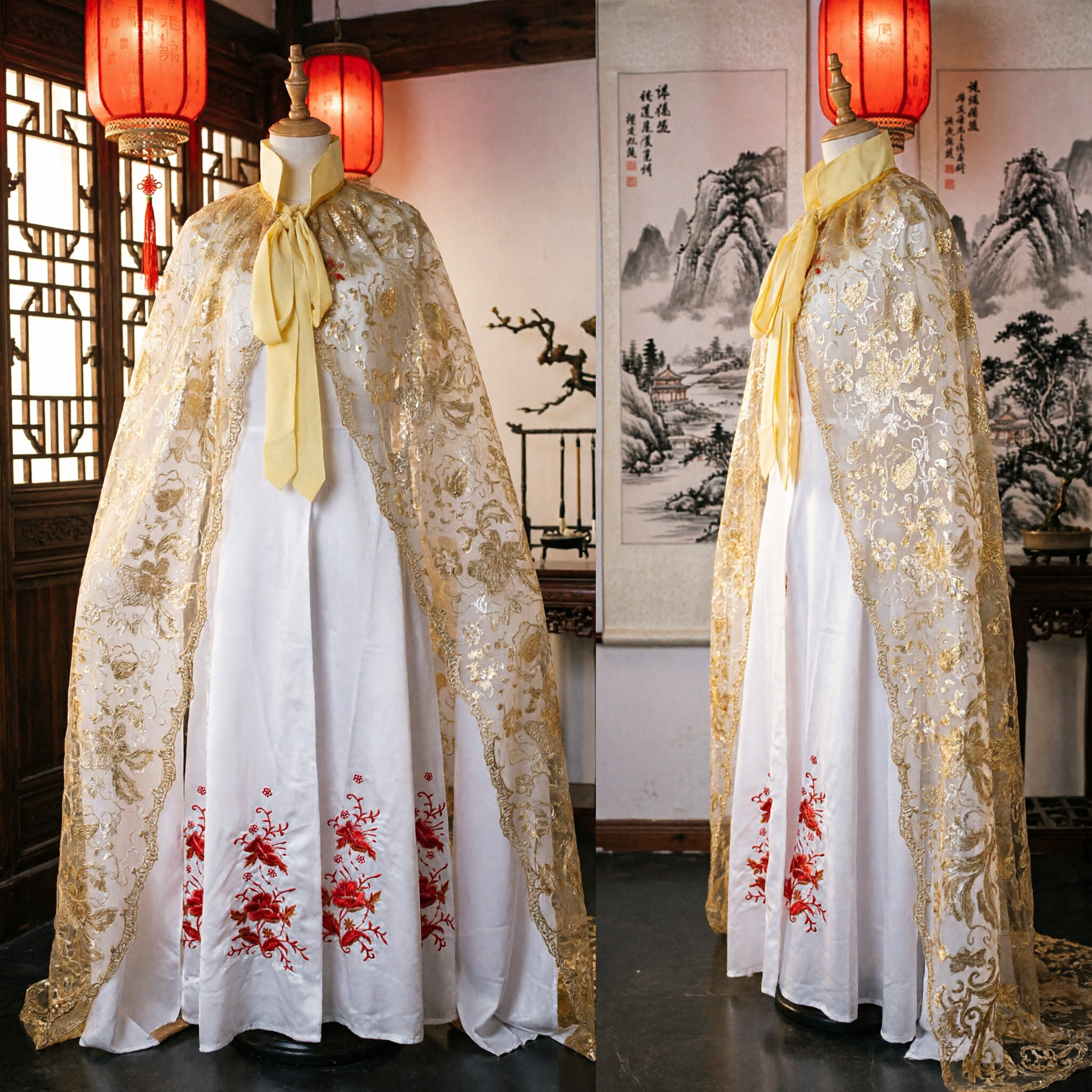 Traditional Chinese Hanfu Cape Cloak Gold Embroidery Sheer Shawl Ancient Costume for Women Cosplay Performance