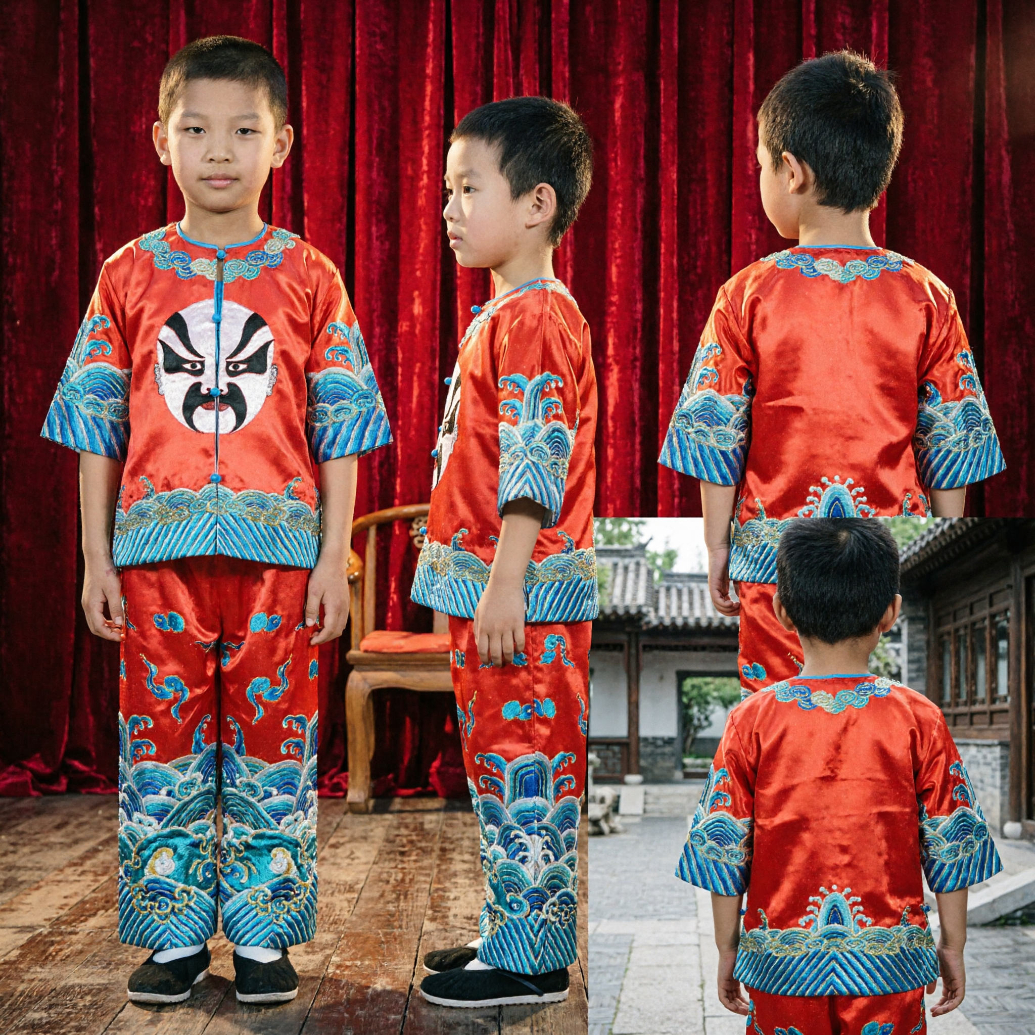 Boys Traditional Chinese Opera Face Mask Kung Fu Costume Red Satin Performance Suit for Kids