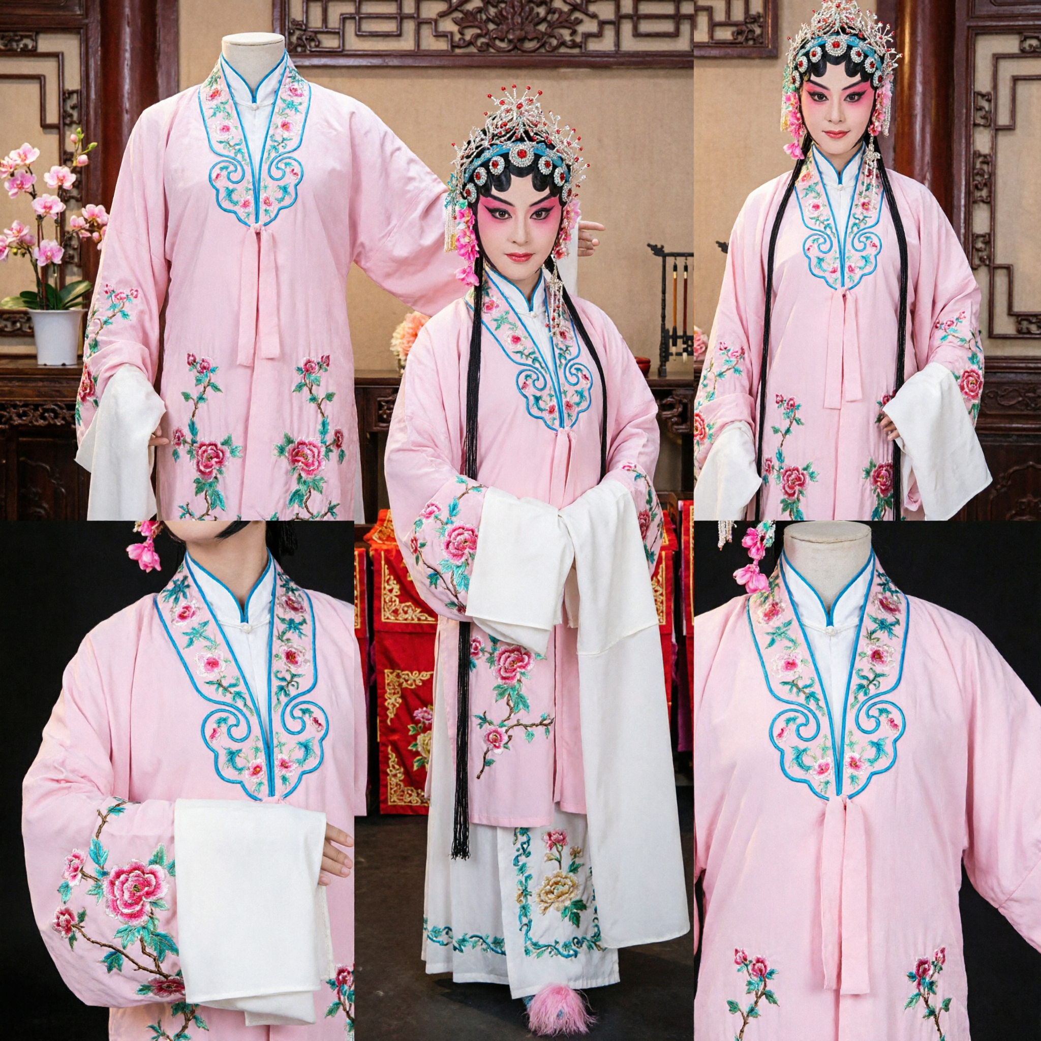 Traditional Chinese Peking Opera Pink Robe Costume with Water Sleeves for Female Dan Role Stage Performance