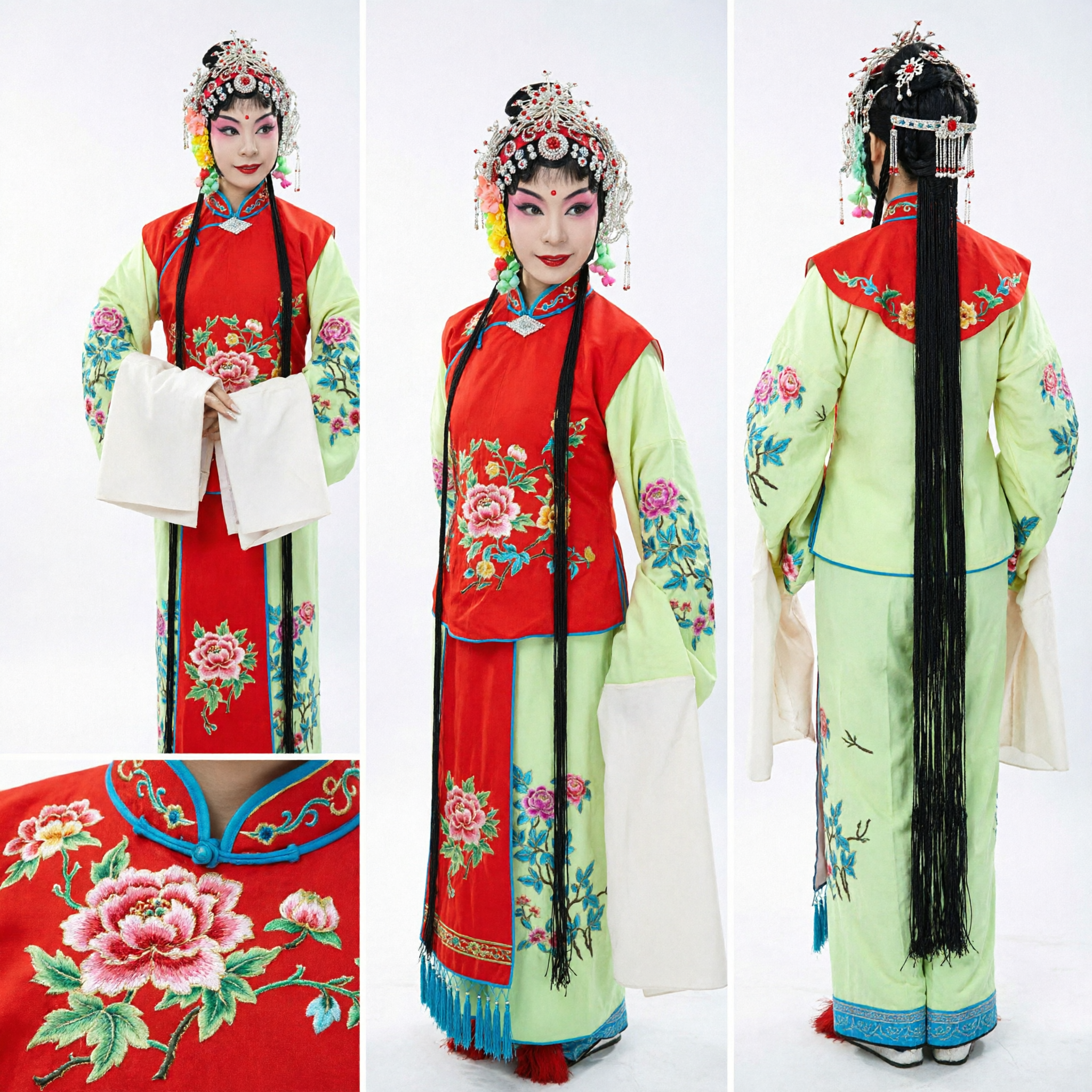 Traditional Chinese Peking Opera Female Costume Complete Set with Embroidered Red Vest and Green Trousers for Stage Performance