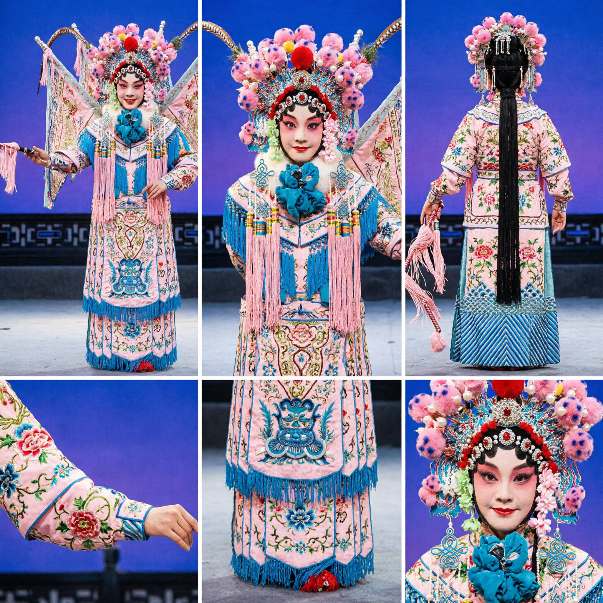 Traditional Chinese Beijing Opera Female Warrior General Costume Pink Embroidered Armor Complete Set with Headdress for Stage Performance
