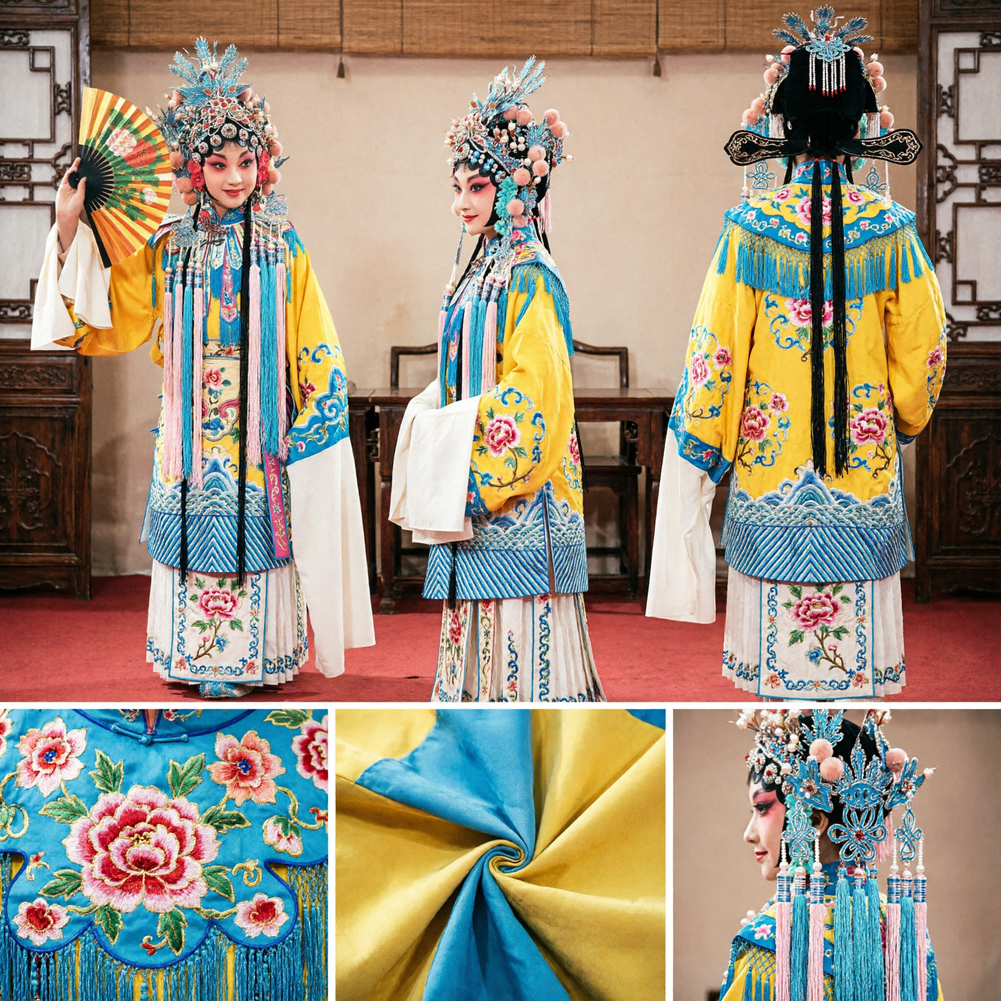 Traditional Chinese Peking Opera Costume Yellow Robe with Blue Headdress and Fan for Female Dan Role Performance