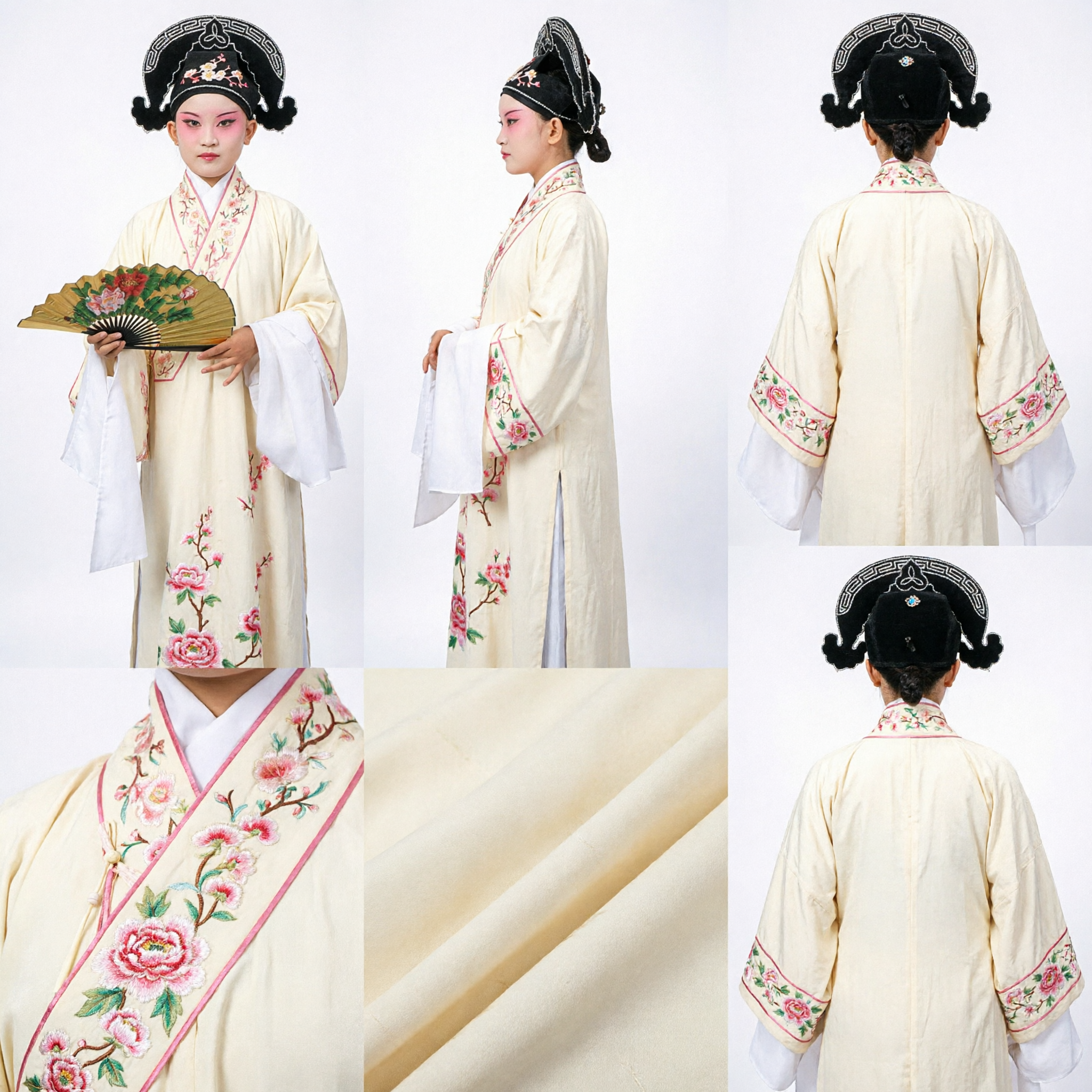 Traditional Chinese Peking Opera Costume Ancient Scholar Yellow Embroidered Robe Headdress Fan Set for Stage Performance