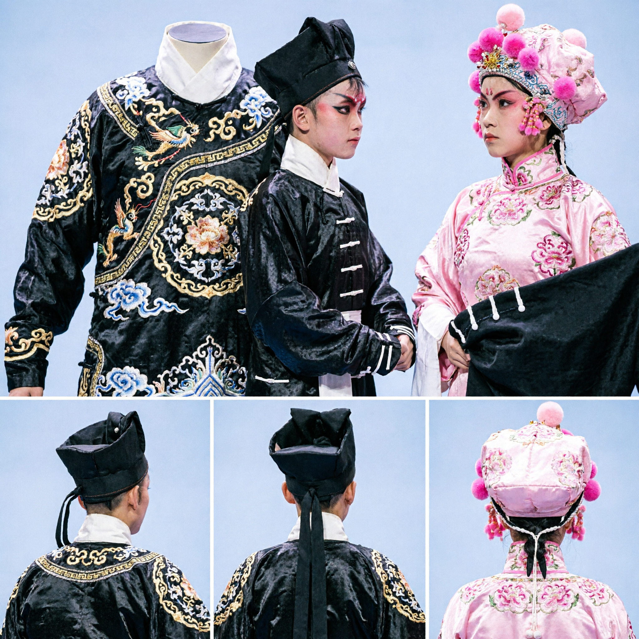 Traditional Chinese Opera Costumes Black Male Warrior and Pink Female Dan Stage Performance Clothing Set