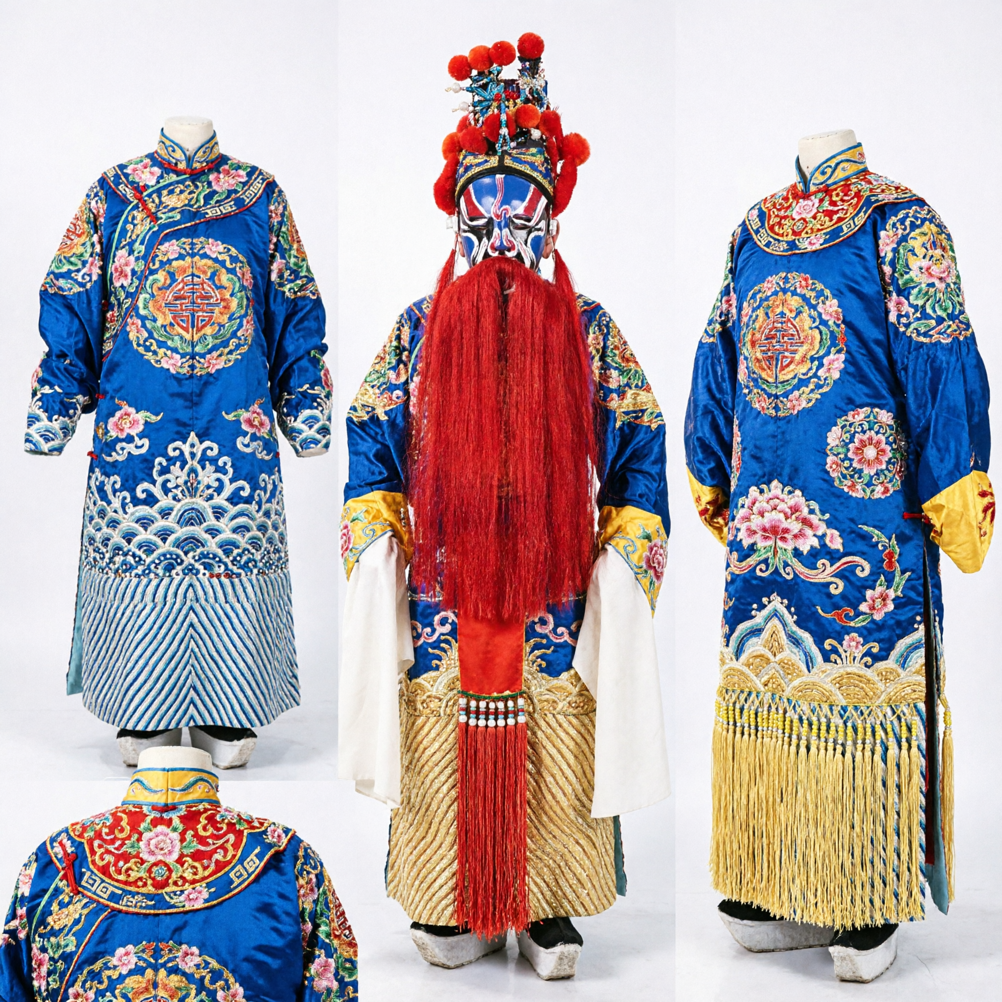 Traditional Chinese Beijing Opera Costume Complete Set with Red Beard and Headdress for Stage Performance
