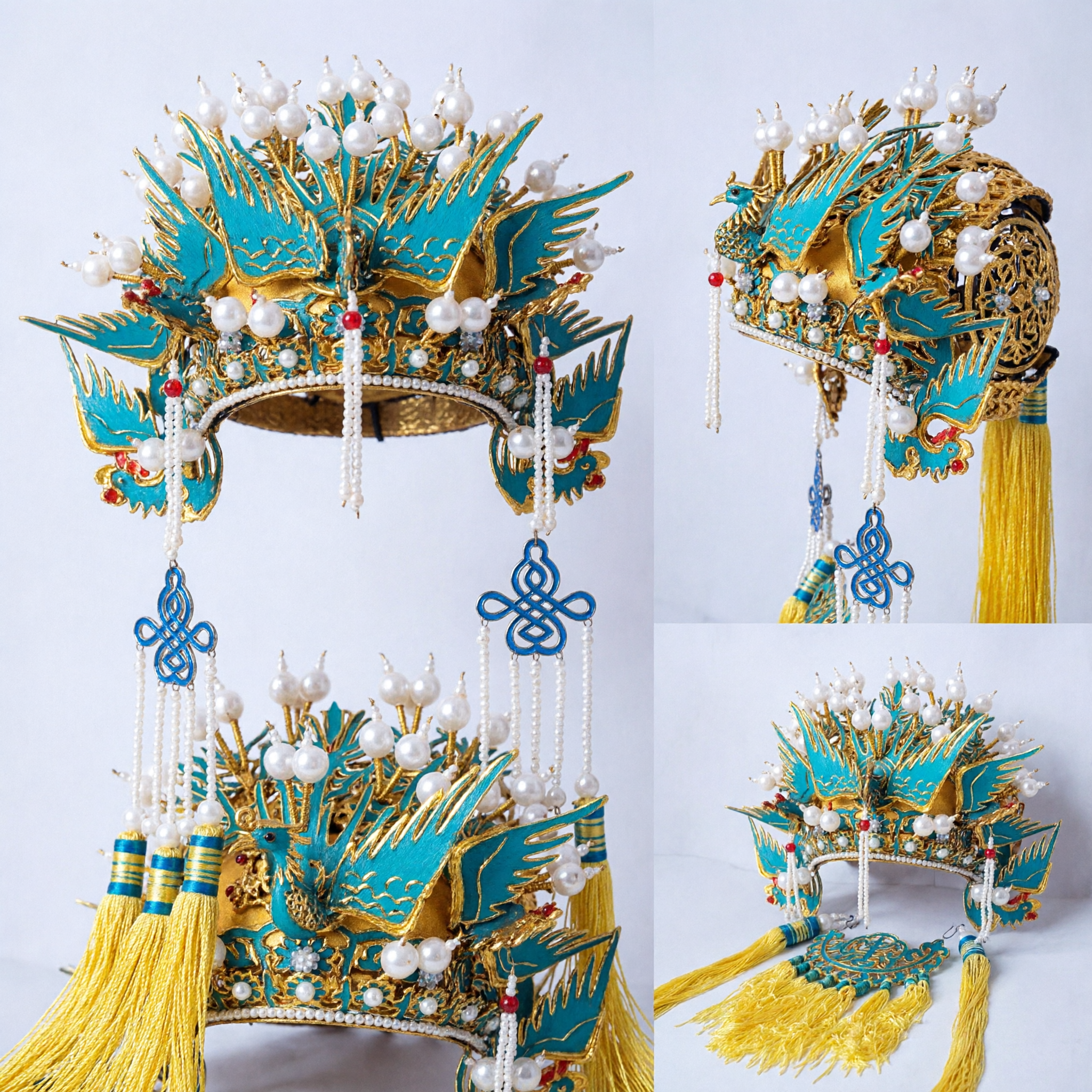 Traditional Chinese Phoenix Crown Hair Accessory Teal Blue Peking Opera Headdress with Pearls and Tassels for Hanfu Performance