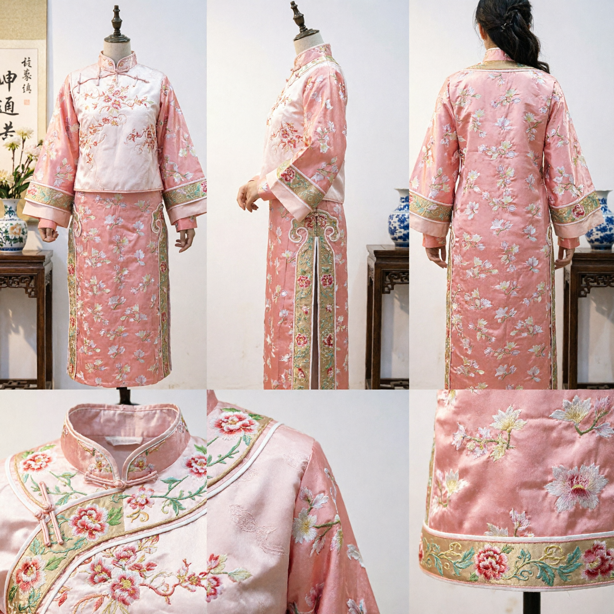 Traditional Chinese Pink Floral Embroidery Qipao Cheongsam Two Piece Set for Women Wedding Party