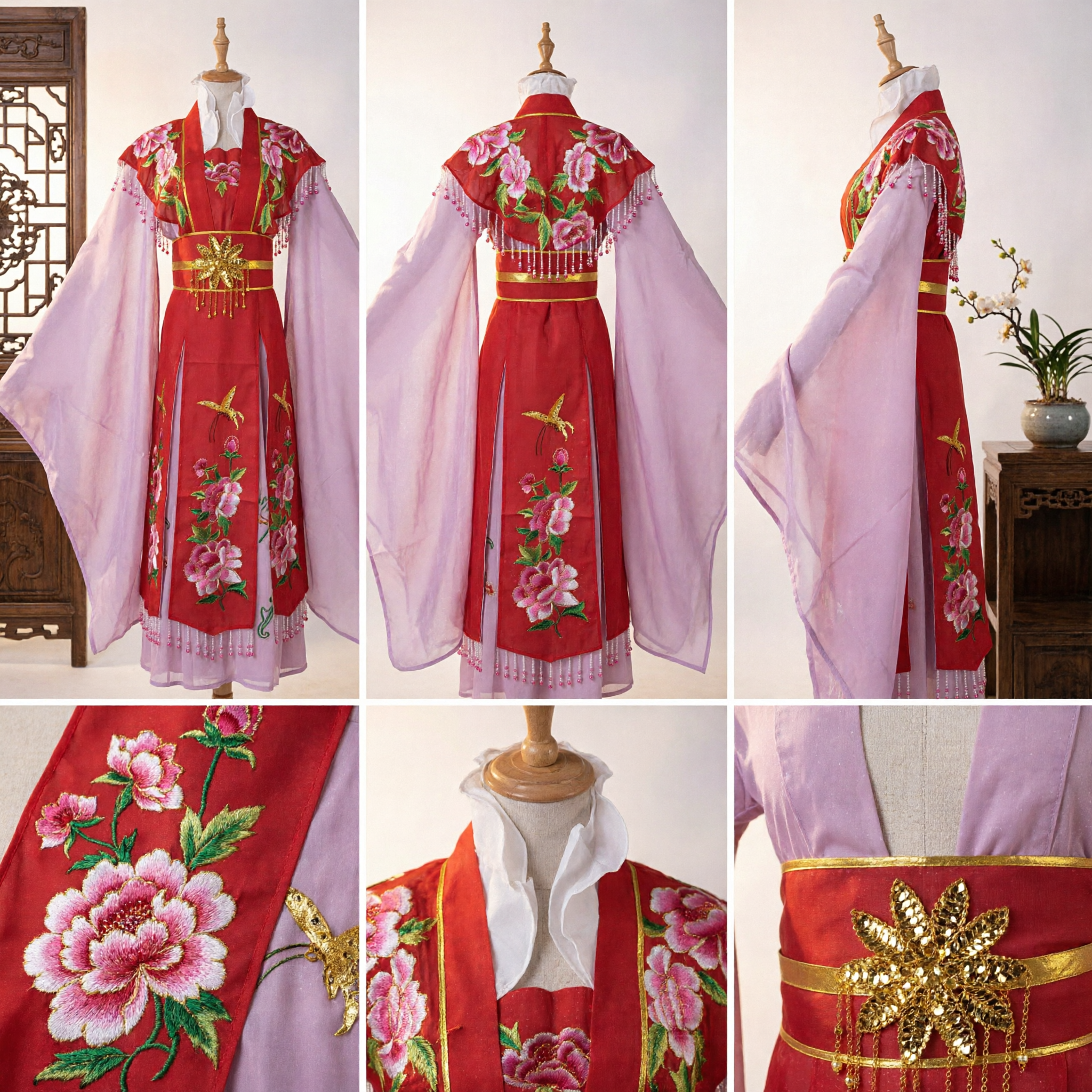 Traditional Chinese Red Hanfu Dress with Long Water Sleeves and Peony Embroidery for Stage Performance