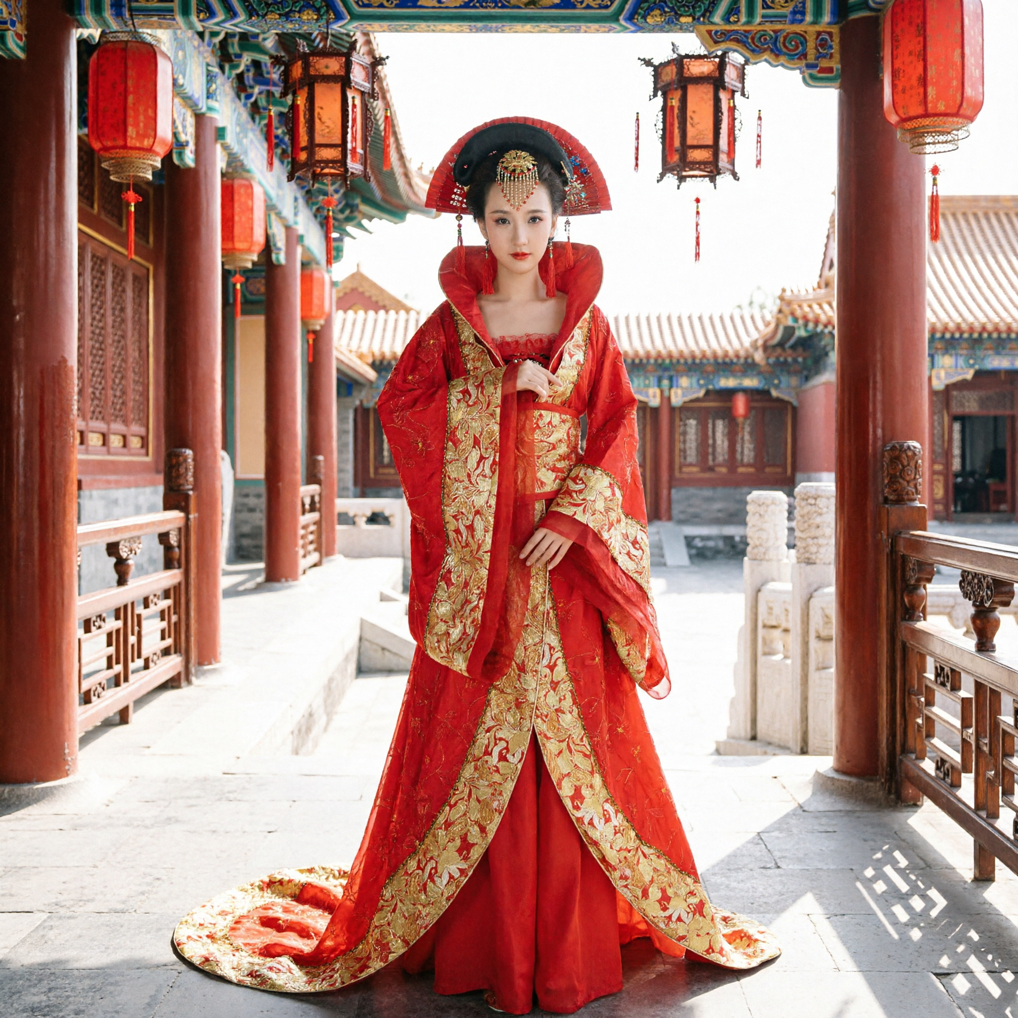 Ancient Chinese Red Empress Hanfu Costume Traditional Gold Embroidered Dress for Women Stage Performance
