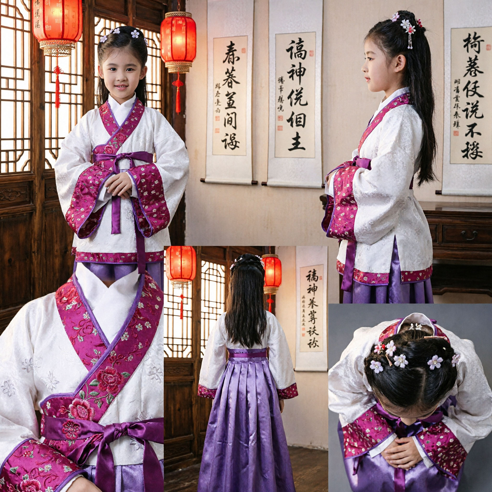 Girls Traditional Chinese Hanfu Costume White and Purple Ancient Palace Dress Kids Performance Outfit