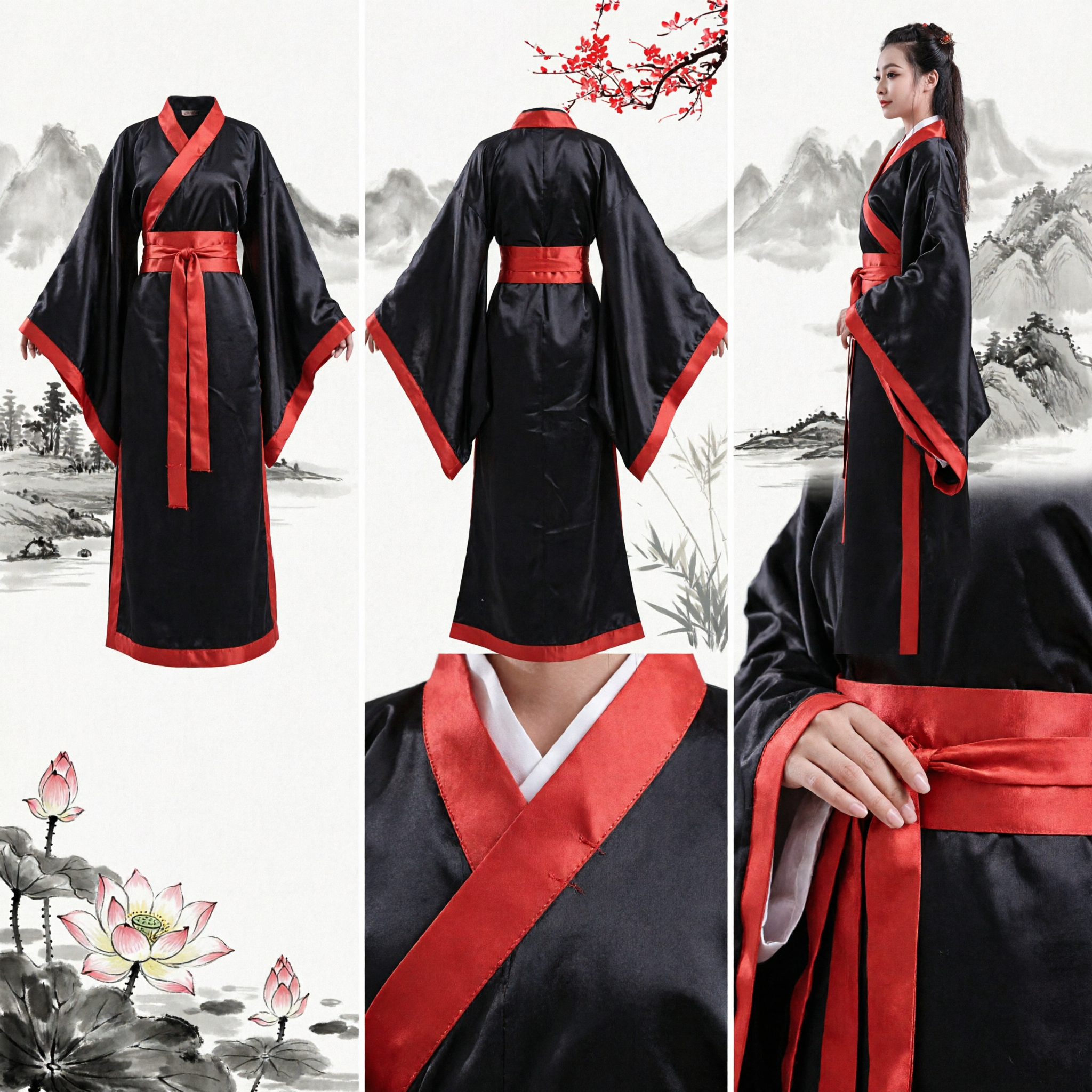 Traditional Chinese Hanfu Black Robe with Red Trim Ancient Style Costume for Women Performance and Cosplay