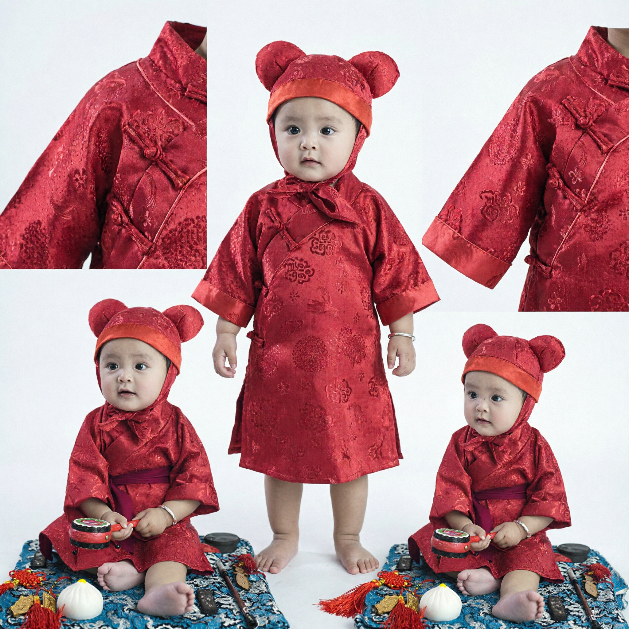 Traditional Chinese Baby Red Tang Suit Costume with Hat for New Year Spring Festival Photography