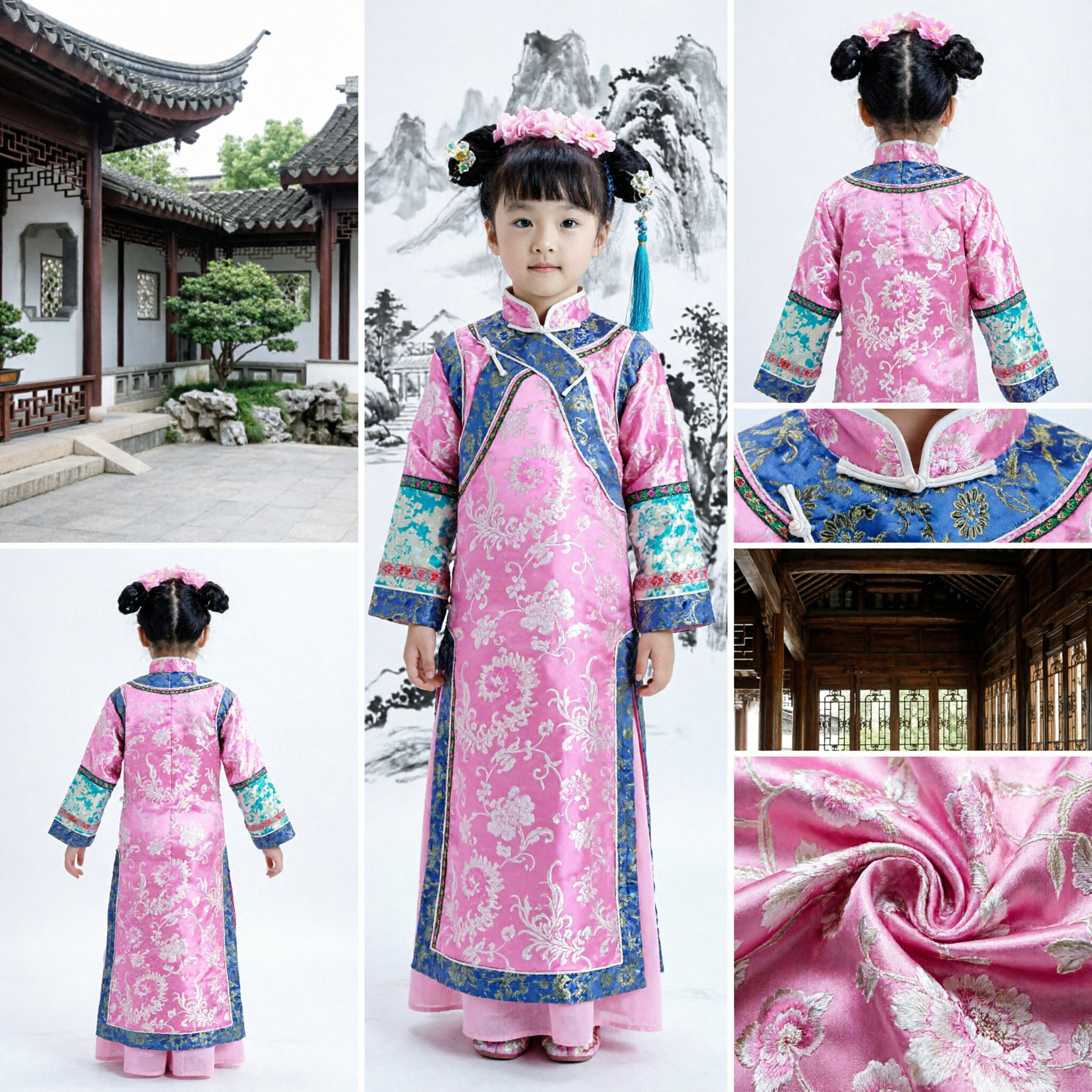 Pink Traditional Chinese Qipao Dress for Kids Girls Floral Cheongsam Costume for Dance Performance Party