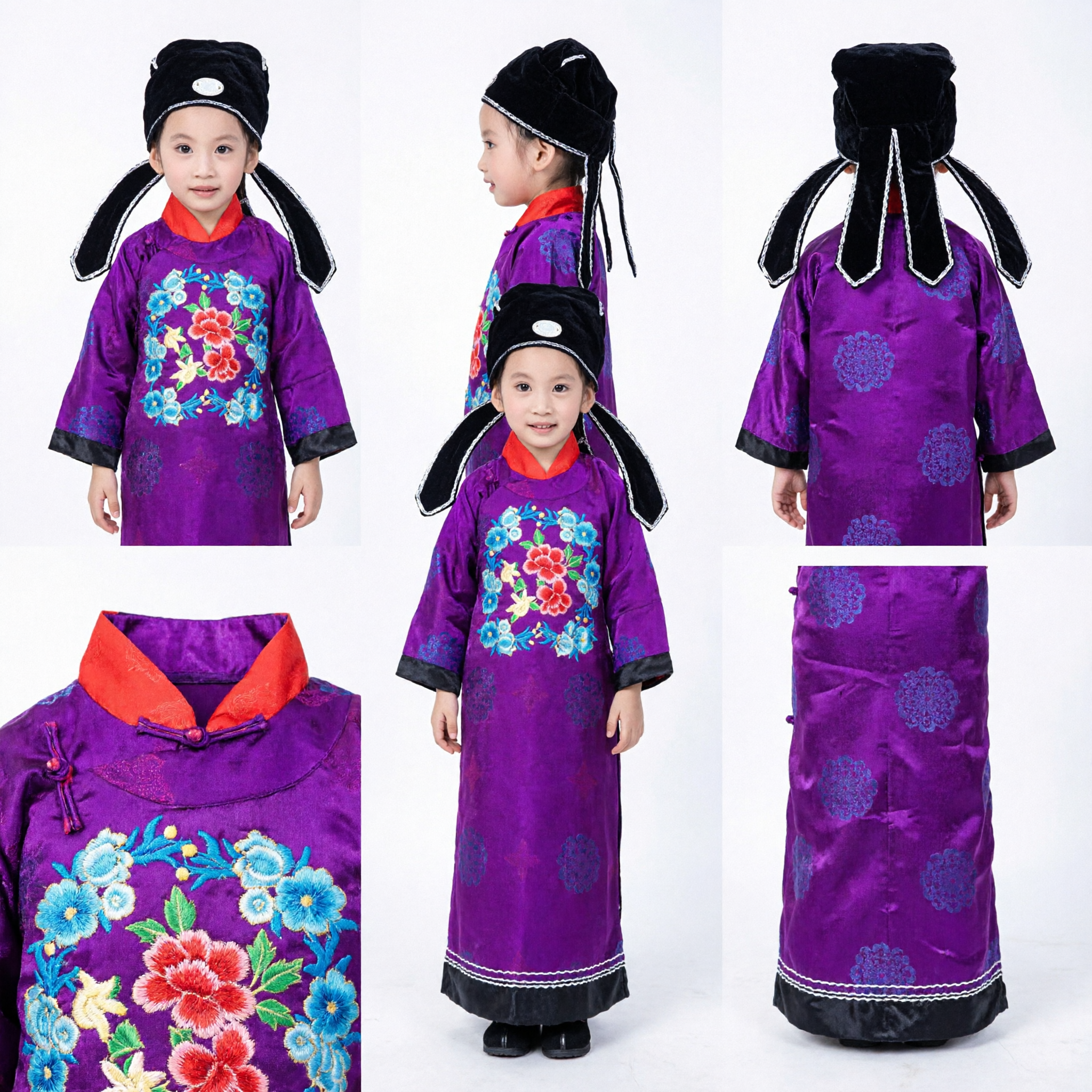 Traditional Chinese Peking Opera Costume for Kids Purple Floral Scholar Robe and Hat Set for Boys