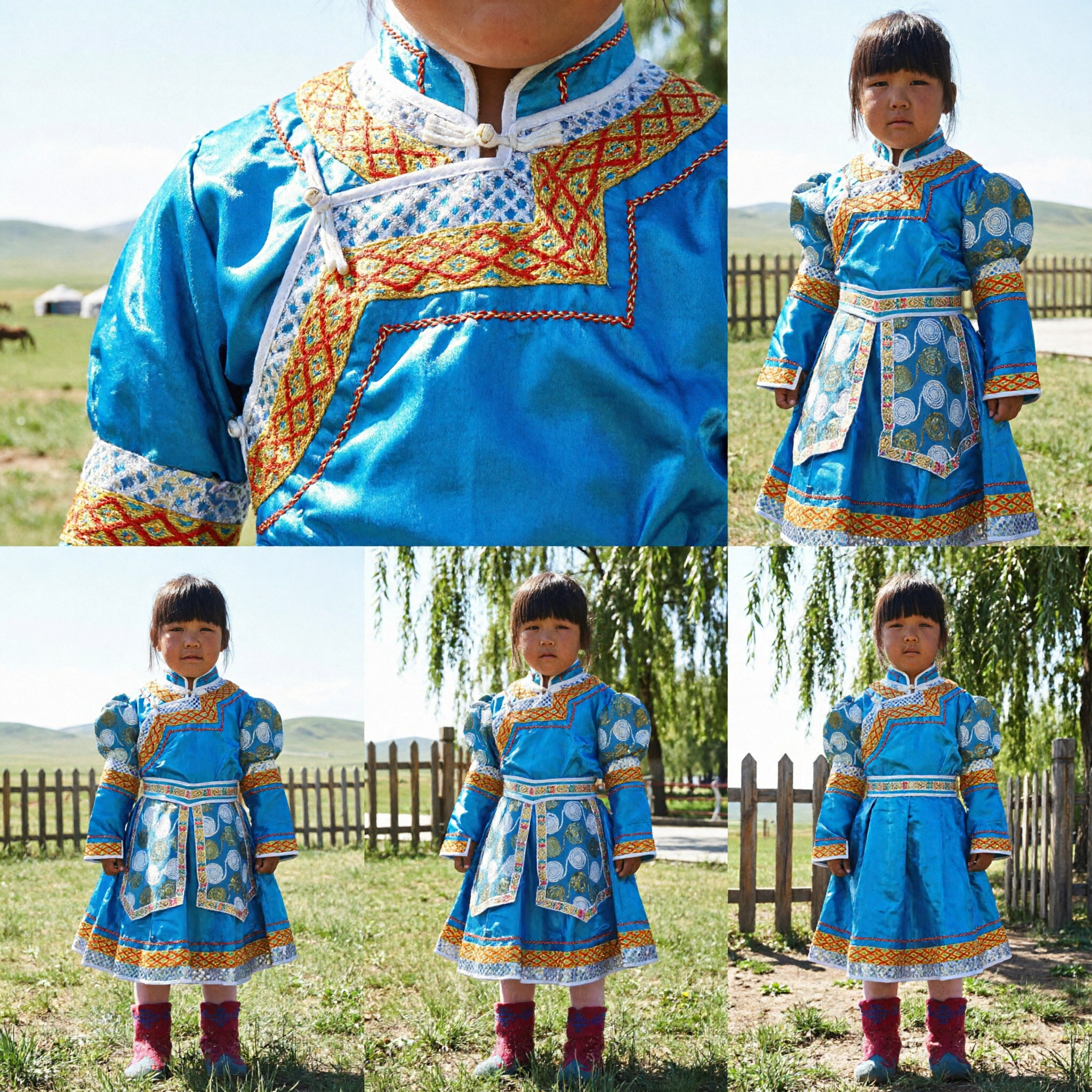 Traditional Blue Mongolian Robe Costume for Girls Kids Ethnic Festival Dance Performance Wear