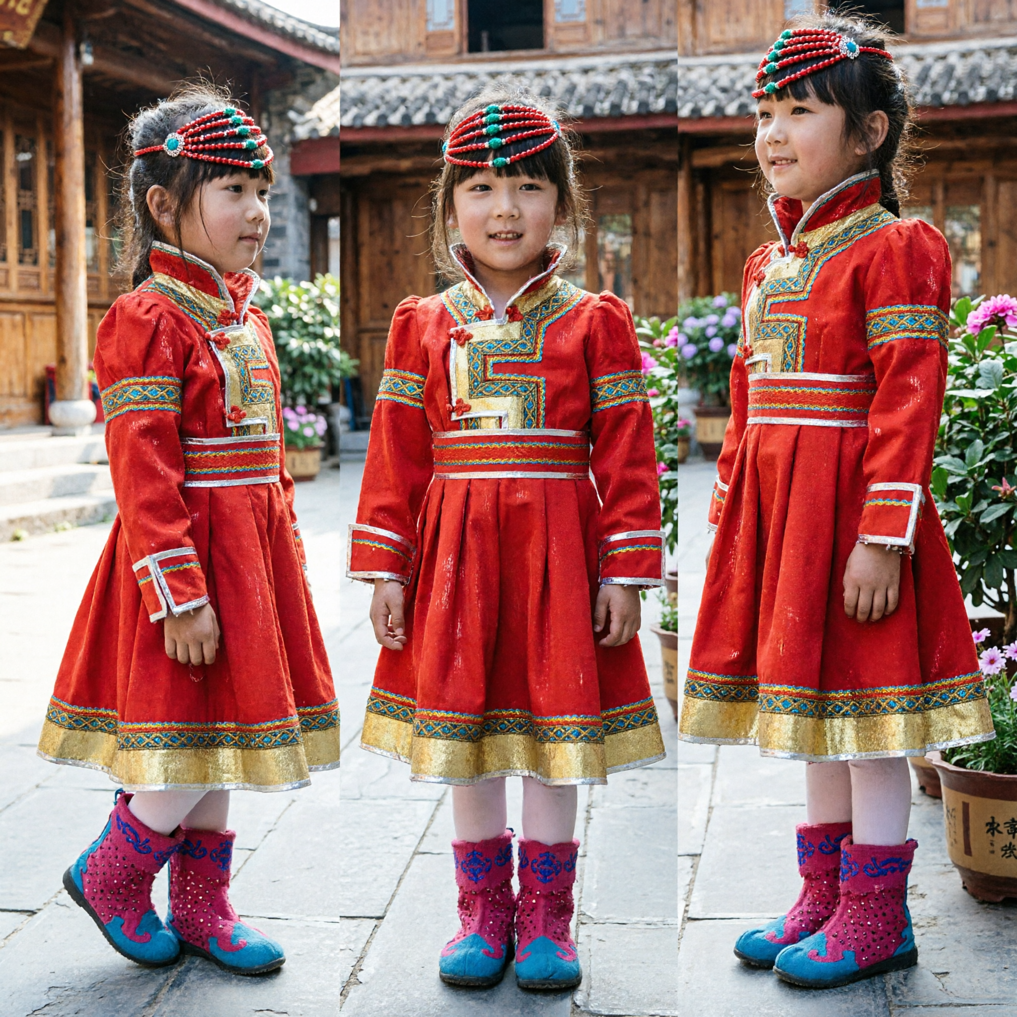 Traditional Mongolian Red Dress for Girls Kids Ethnic Folk Dance Performance Costume Set with Boots