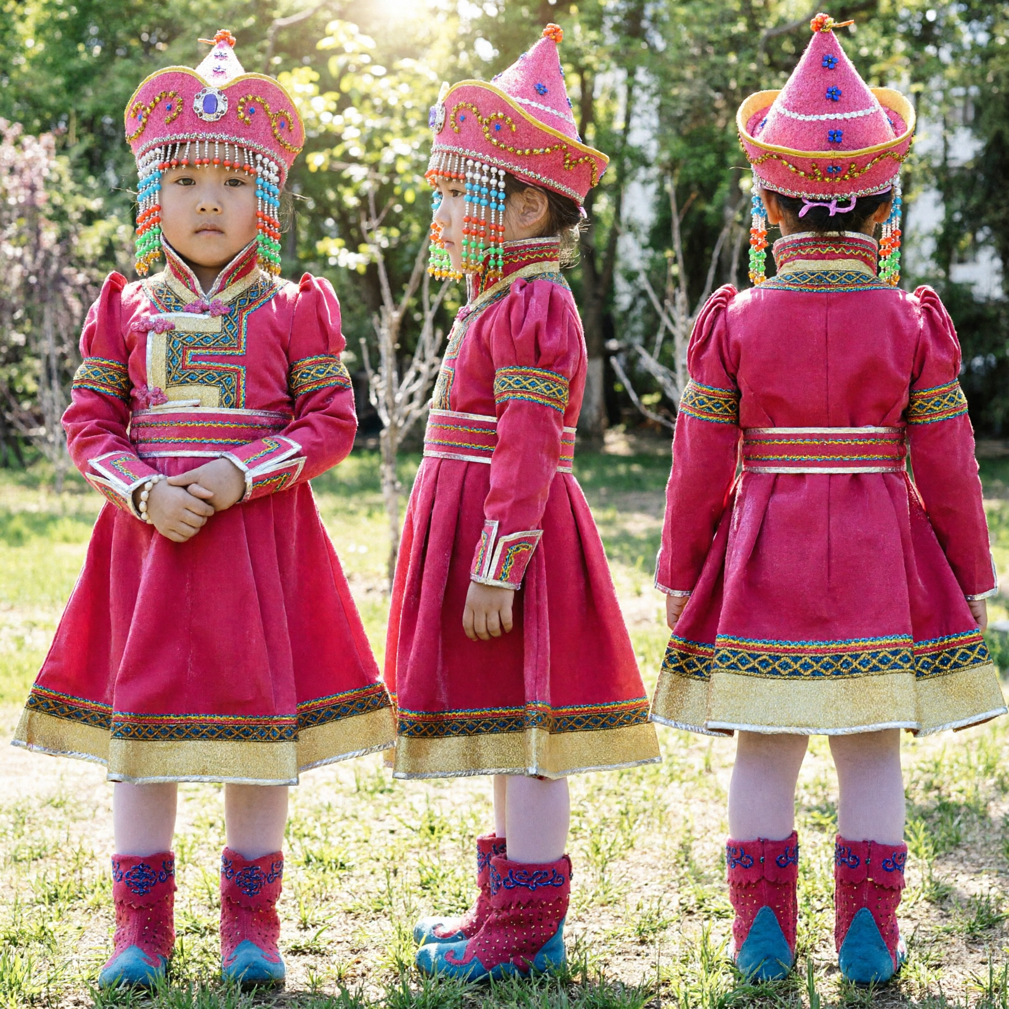 Traditional Mongolian Nationality Folk Dance Costume for Kids Girls Pink Robe Hat Boots Stage Performance Outfit