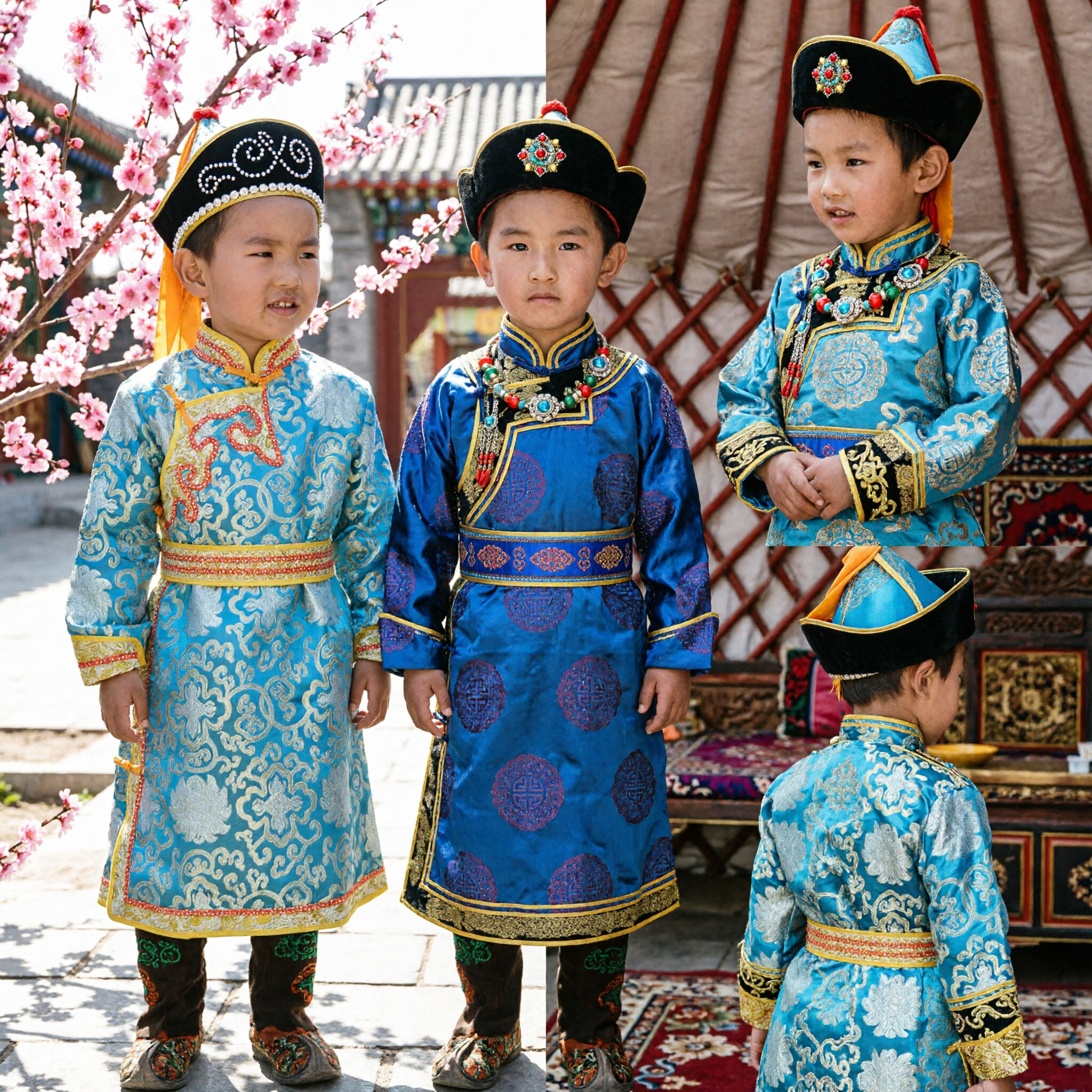 Boys Mongolian Traditional Blue Brocade Robe Costume with Hat for Dance Performance Festival