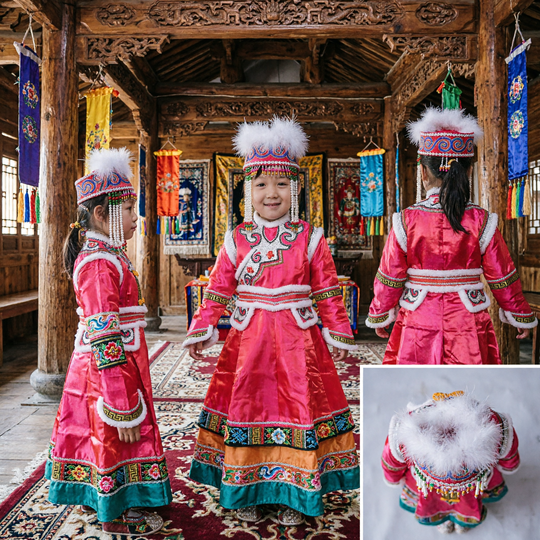 Pink Chinese Traditional Mongolian Dance Costume for Girls Kids Ethnic Minority Performance Dress with Hat